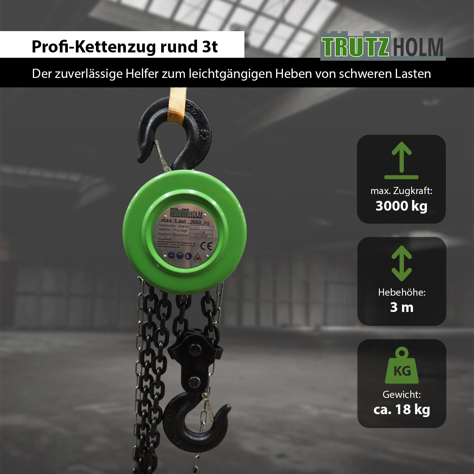 TRUTZHOLM Kettenzug TrutzHolm® Flaschenzug Seilzug Kettenzug Hebezug Ratschenzug 3000 kg, (Produkt, 1 St), Mit Blockiersystem