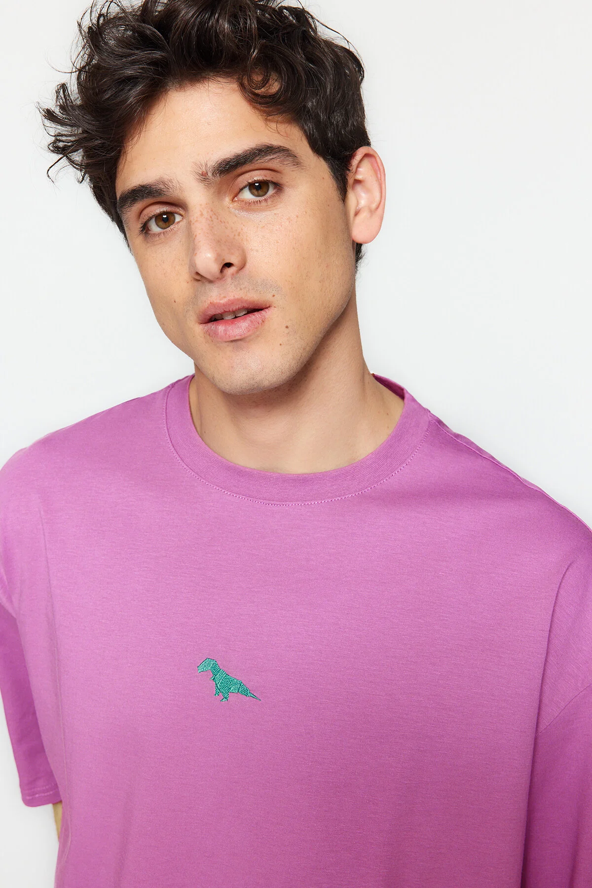Trendyol Collection  Pflaumenfarbenes, übergroßes/weit geschnittenes T-Shirt mit Dinosaurier-Stickerei, kurzärmlig, 100 % Baumwolle TMNSS23TS00243