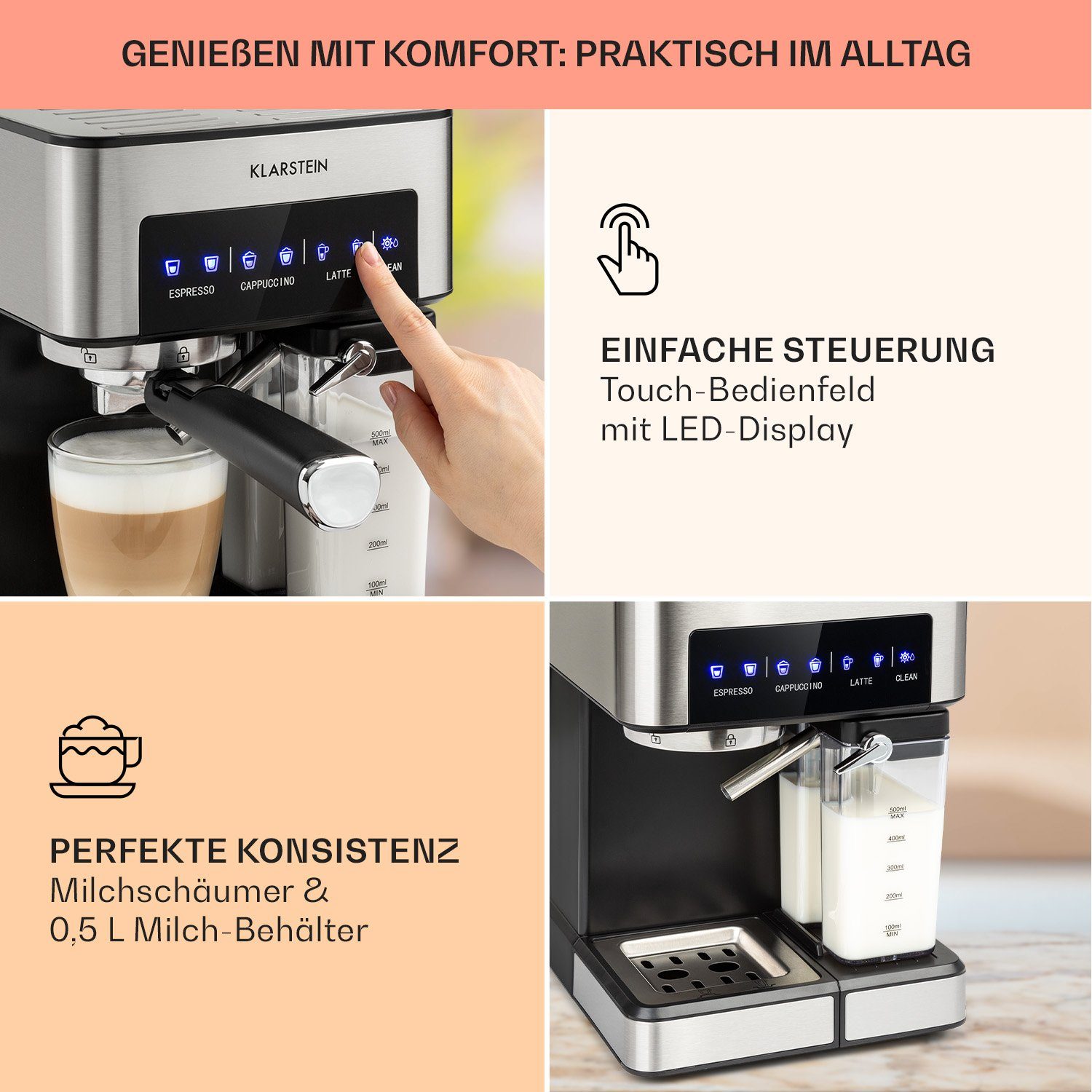 Klarstein Espressomaschine Arabica Comfort, 1.8l Kaffeekanne, Gemahlener Kaffee und Pads: 2-in-1- Nutzung zum flexiblen Gebrauch