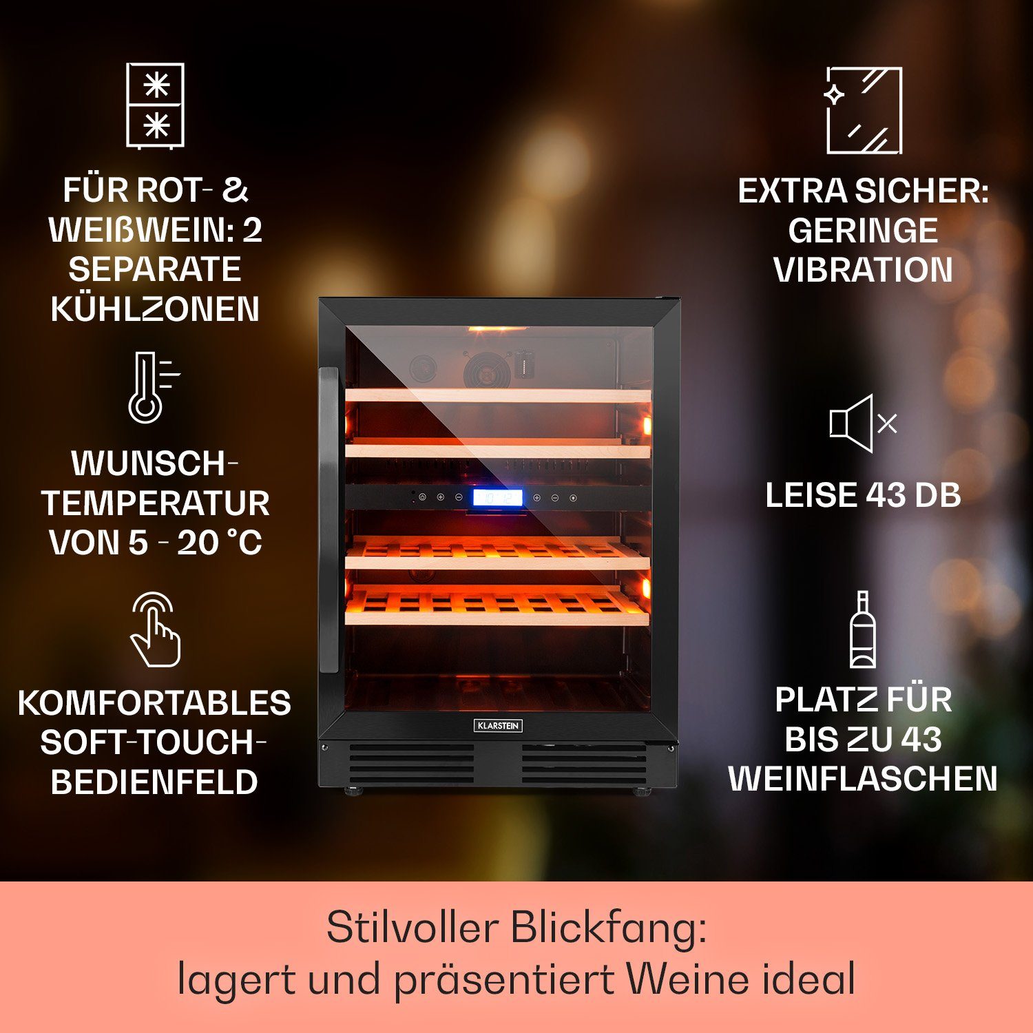 Klarstein Weinkühlschrank Vinovilla 43, für 43 Standardflaschen á 0,75l,Wein Flaschenkühlschrank Weintemperierschrank Weinschrank Kühlschrank