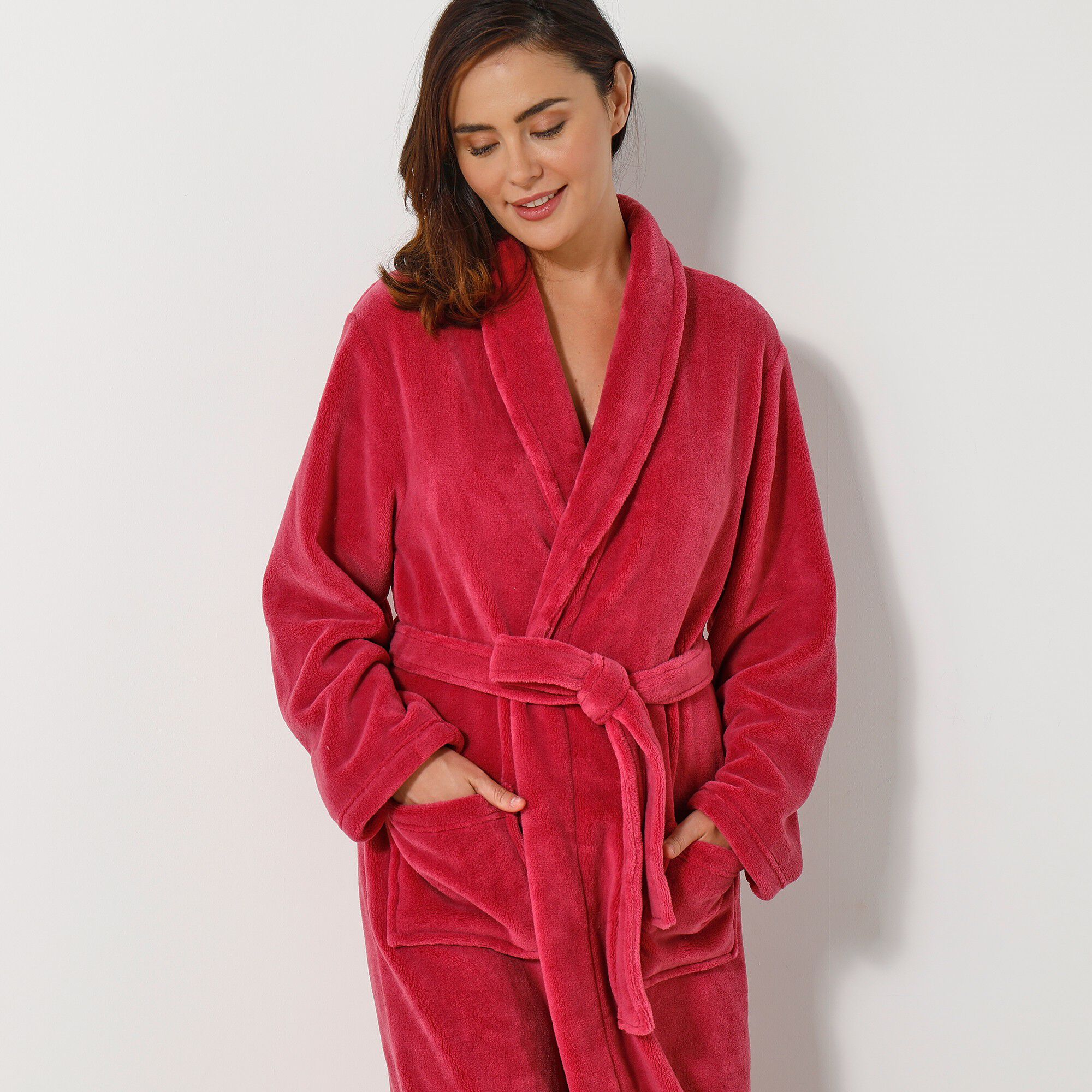 Peignoir mixte adulte col châle, microfibre toucher peluche