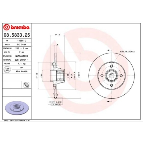 Bremsscheibe Brembo Hinterachse  1 Stück 08.5833.25 - ATU