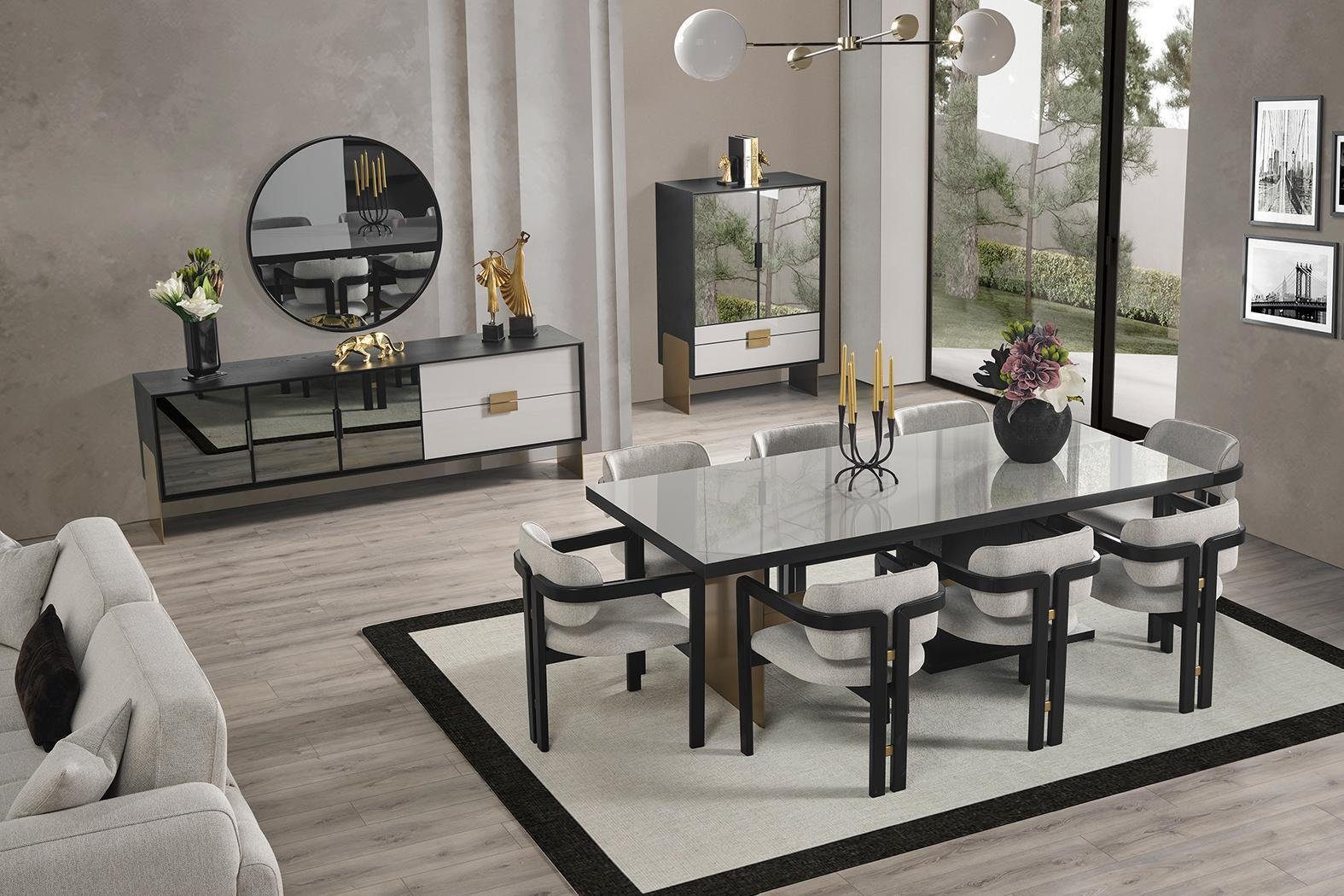 JVmoebel Esszimmer-Set Moderne Esszimmergarnitur Esstisch 8x Stühle Sideboard Spiegel 11tlg, (11-St., Esstisch, 8x Stuhle, Sideboard, Spiegel), Made in Europa