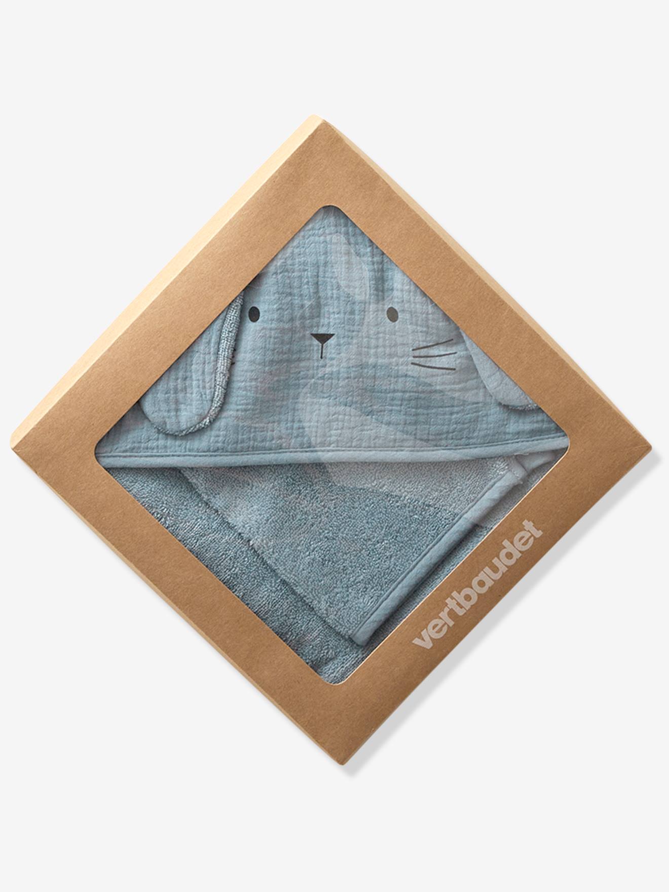 Cape de bain + gant en gaze de coton bio*, bleu