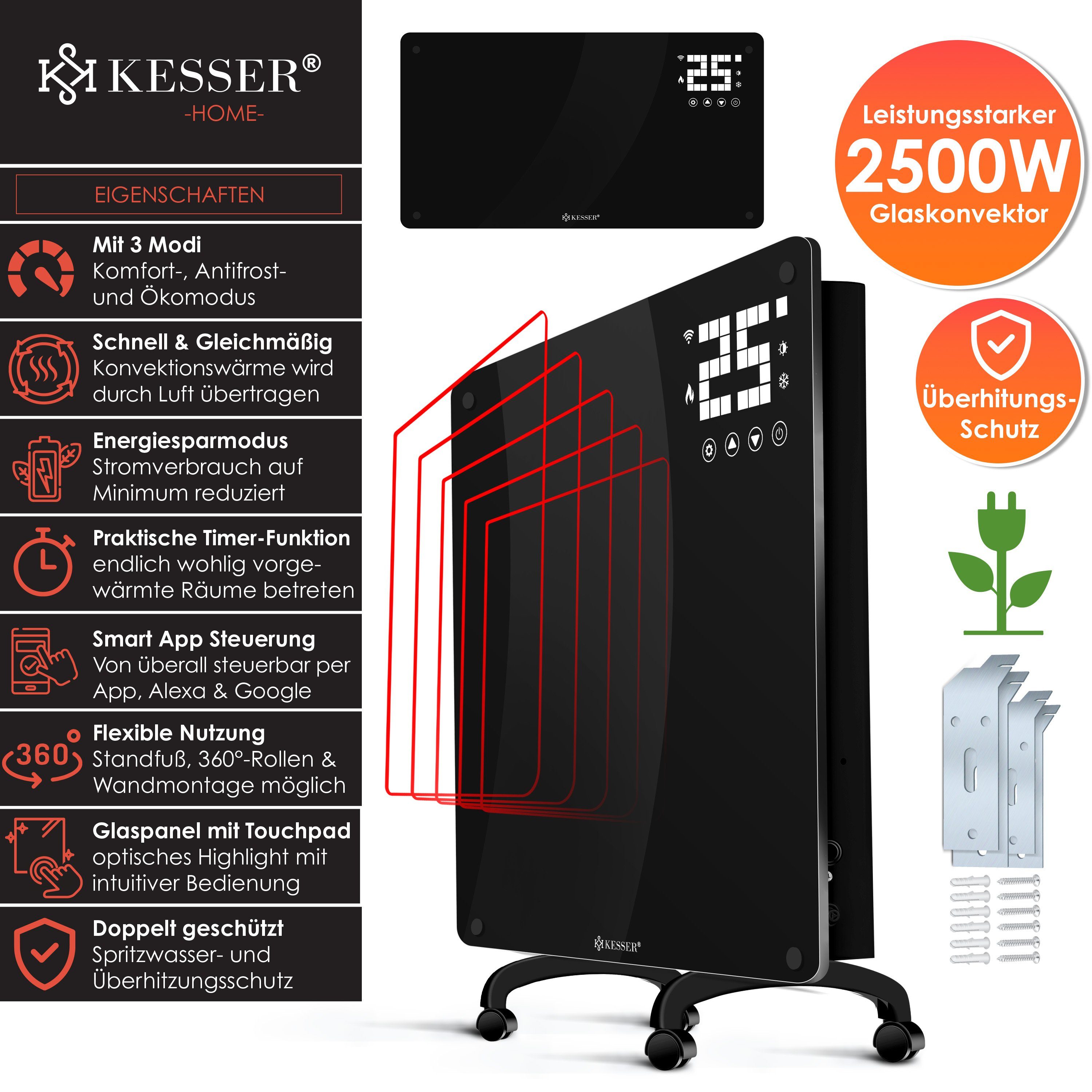 KESSER Heizgerät, 2500 W, Glaskonvektor Glas Heizung Elektroheizkörper APP WiFi + Fernbedienung
