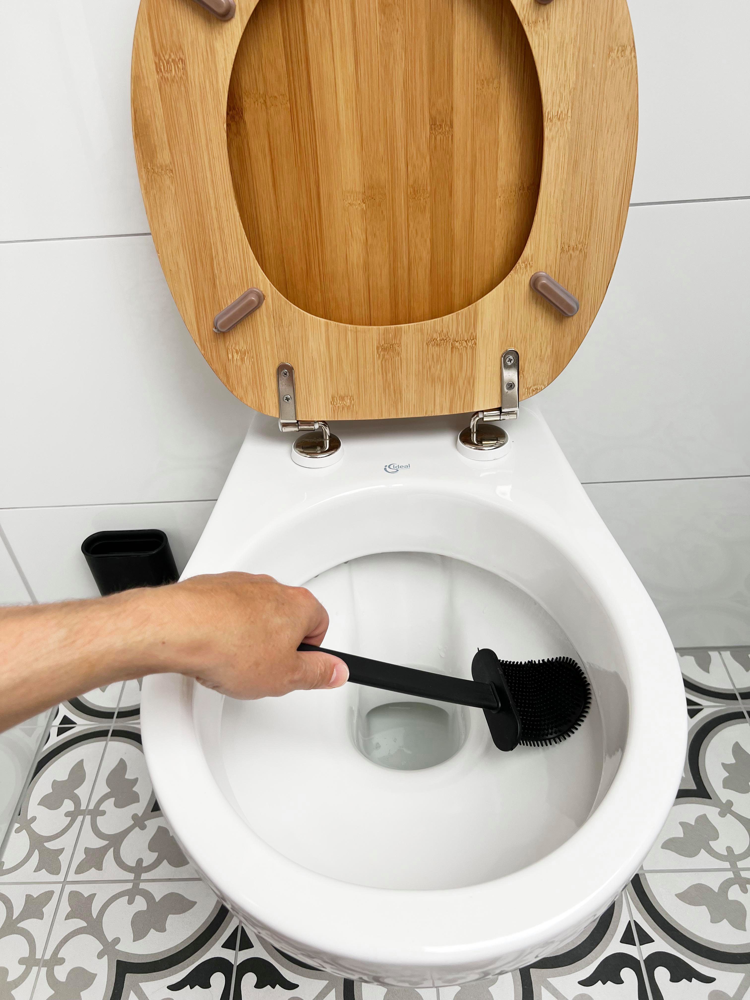 ADOB WC-Reinigungsbürste Design WC Bürste mit flachem Silikon Bürstenkopf Schaber und Aufbewahrungsbehälter, flexibler flacher Bürstenkopf, kratzt nicht, jeder Winkel erreichbar