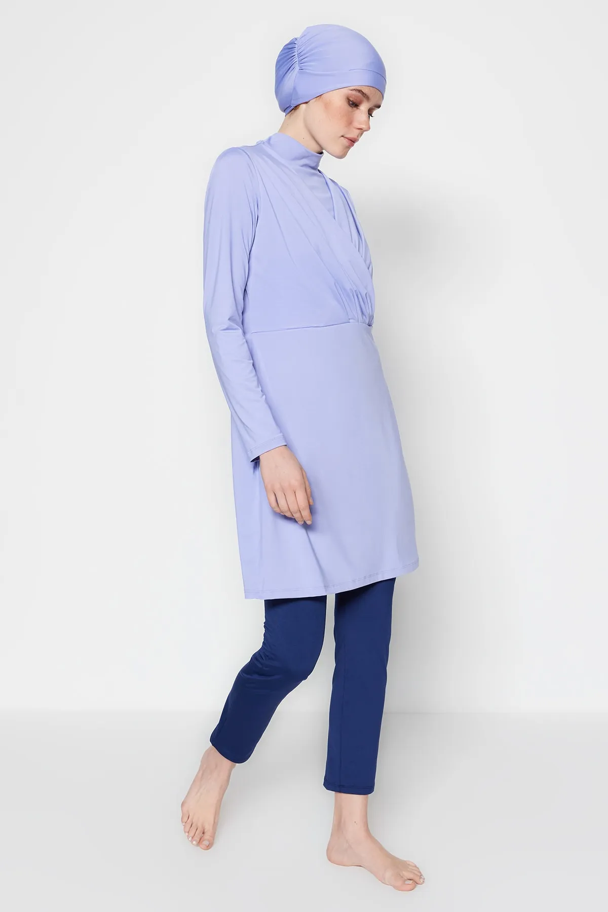 Trendyol Modest  Lila drapiertes, detailliertes, vollständig bedecktes, gestricktes Lycra-4-teiliges Badeanzug-Set TCTSS23CF00001