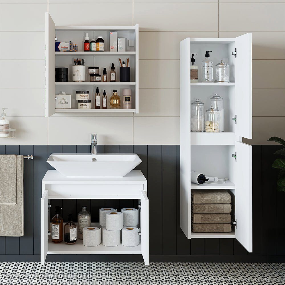 Roomart Badmöbel-Set, (Badmöbel Set 65cm Unterschrank Waschbecken Spiegelscrank Hochschrank)