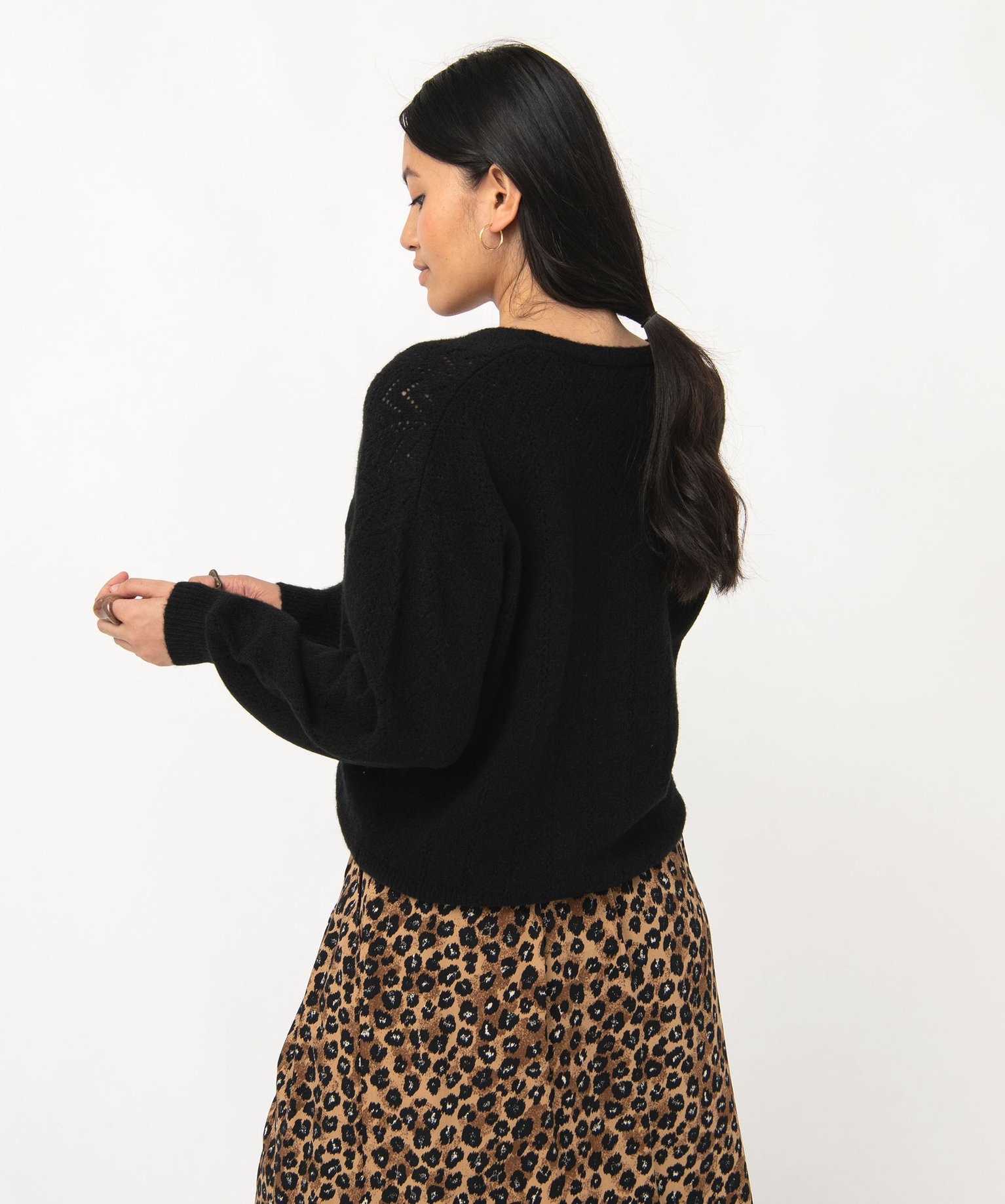 Gilet coupe droite en maille douillette ajourée femme noir | GEMO