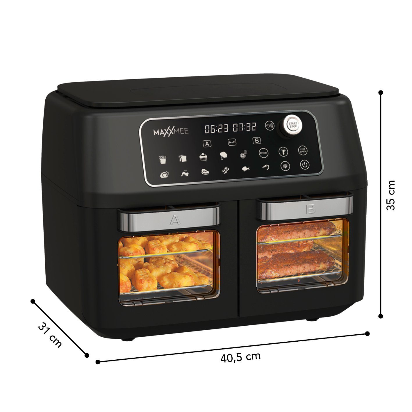 MAXXMEE Heißluftfritteuse Doppelkammer 11L 2 x 5,5l digitale Bedienung & Sichtfenster, 2400,00 W, besonders fettarm