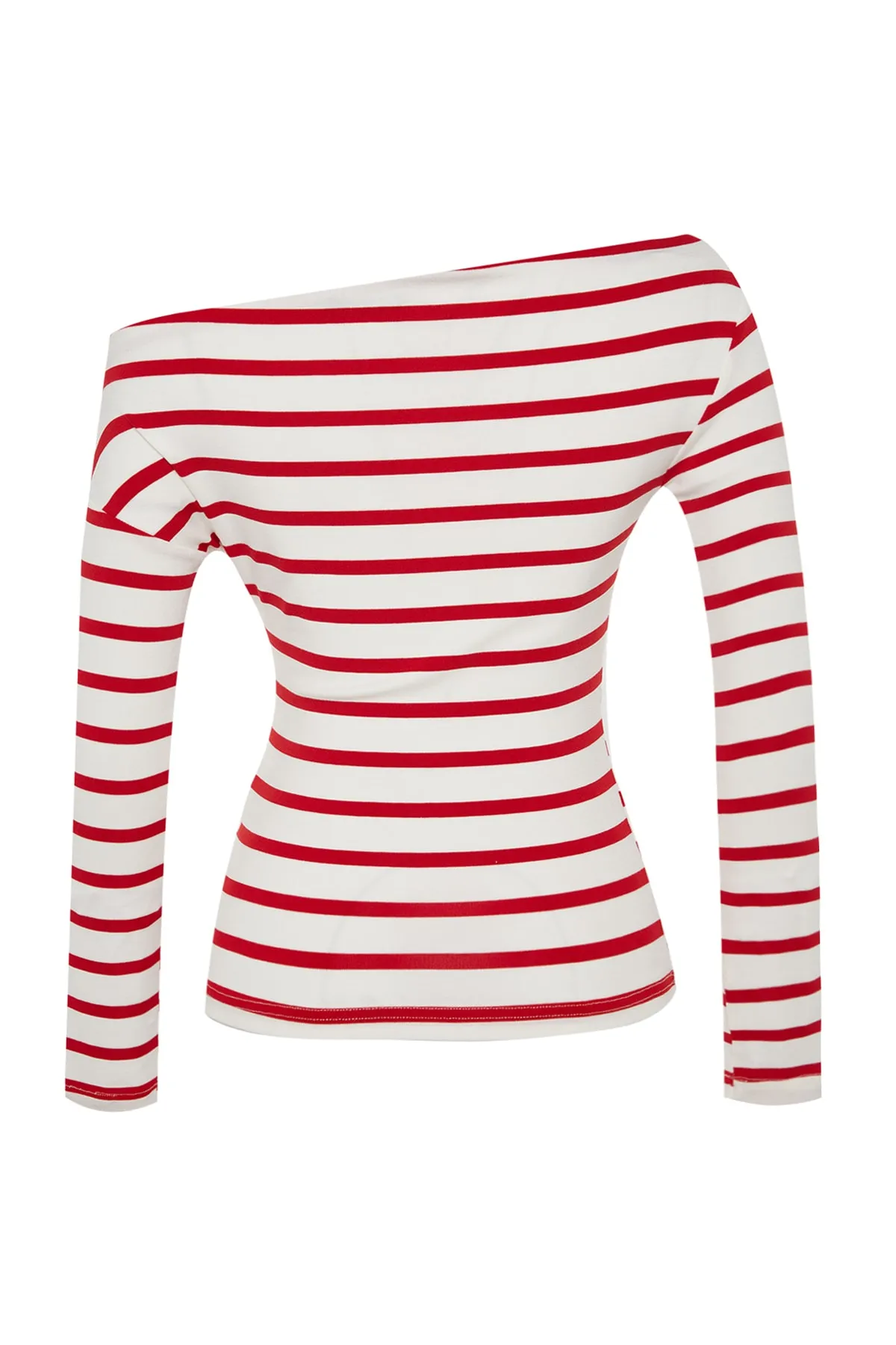 Trendyol Collection  Rot gestreifte, taillierte Strickbluse aus hochwertigem, weichem Stoff mit U-Boot-Ausschnitt TWOAW24BZ00227