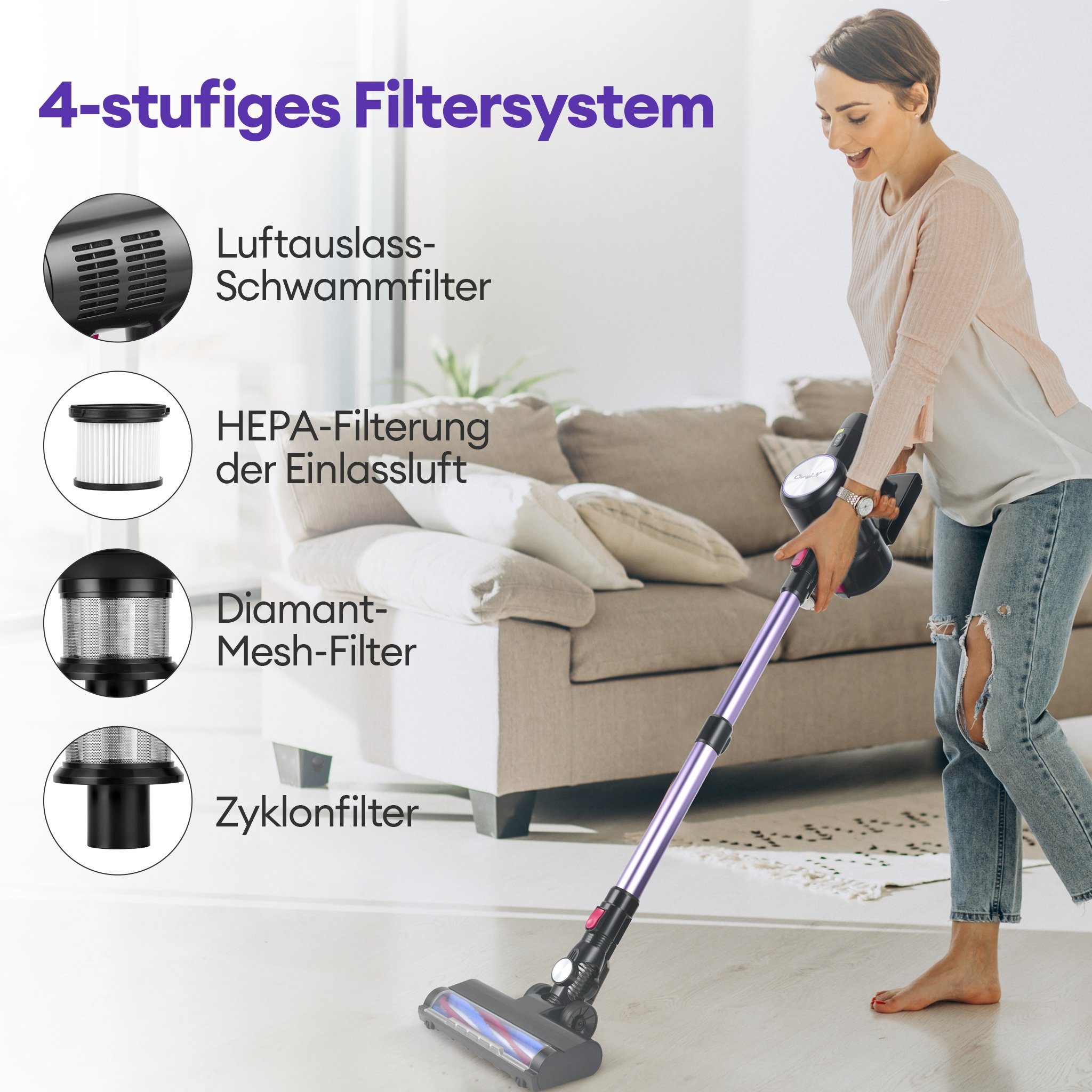 CkeyiN Akku-Hand-und Stielstaubsauger 28kPa Saugleistung, Kabelloser, leistungsstarker Staubsauger, 250,00 W, LED-Beleuchtung, 4-Schicht-Filtersystem