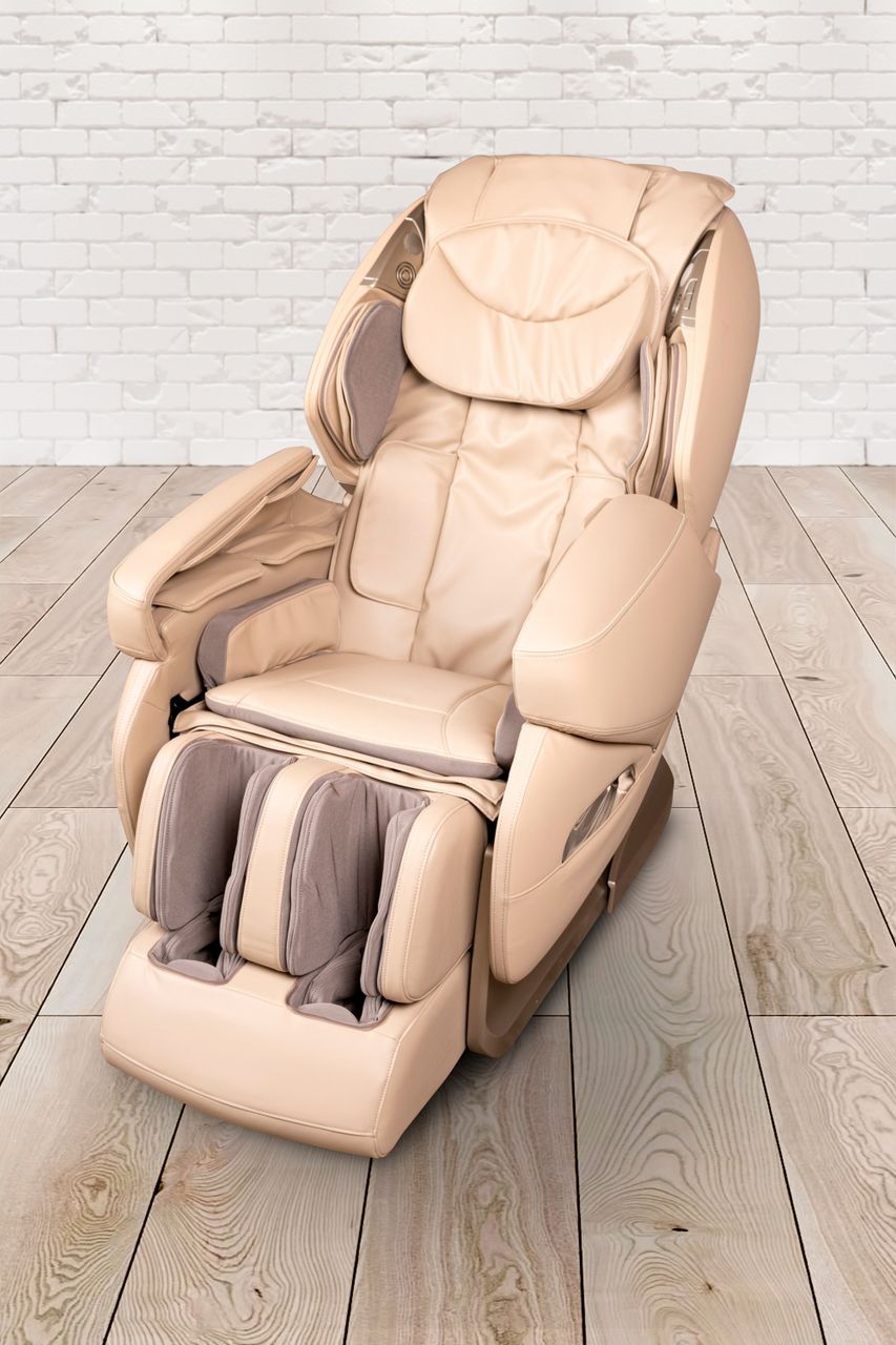 PureHaven Massage-Sessel Knet- und Klopfmassage Heizfunktion Bluetooth USB Sprachsteuerung beige PU-Leder Fuß- Rücken- und Gesäßmassage