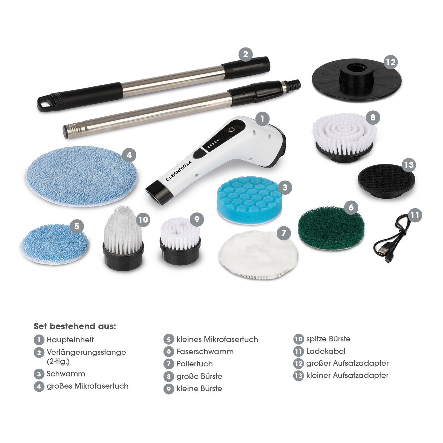 CLEANmaxx Elektro-Oberflächenbürste Akku-Reinigungsbürste 8 Aufsätze In-&Outdoor 100 Min. Laufzeit, 8-tlg., putzen & polieren