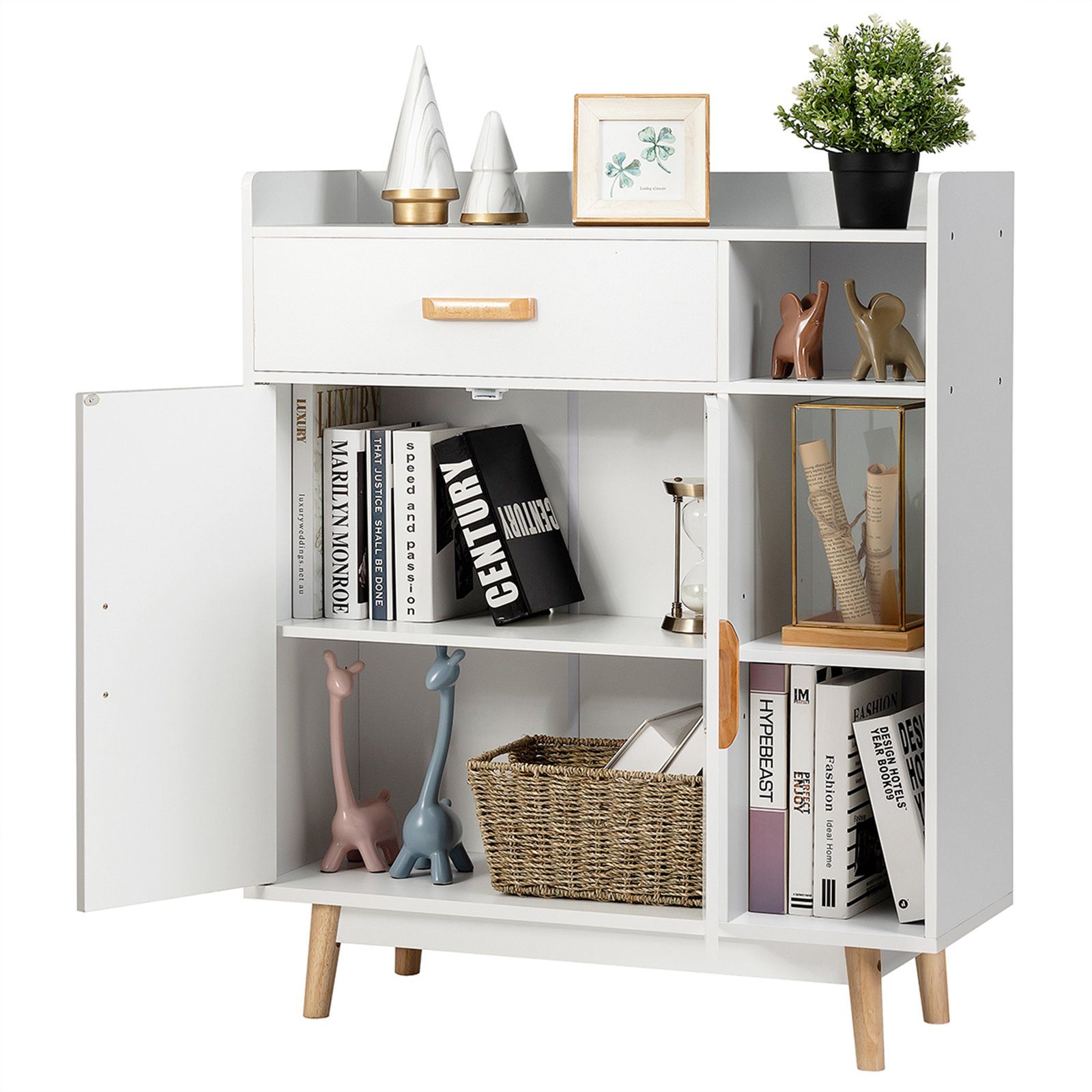 COSTWAY Kommode, mit Schublade&Fächern, aus Holz, stehend, 80x30x95cm, weiß