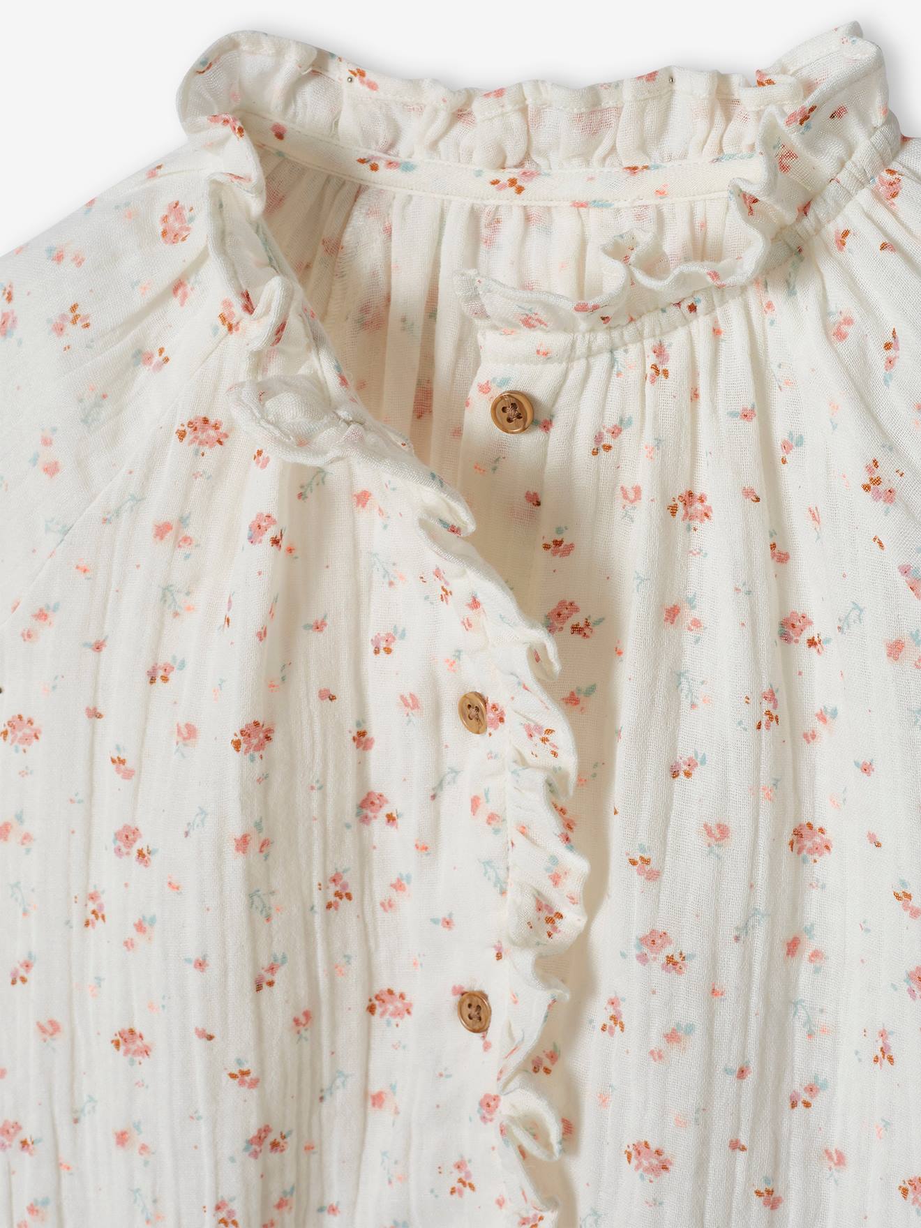 Chemise à volants en gaze de coton fille imprimée fleurs tomette