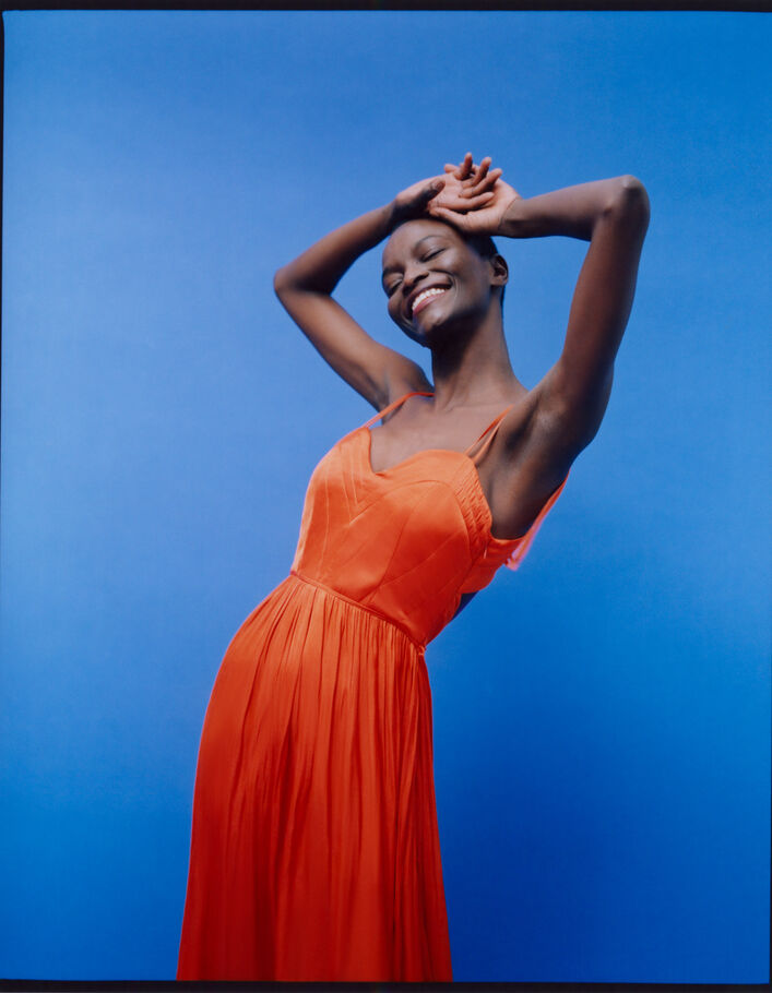Robe longue asymétrique à dos échancré orange femme