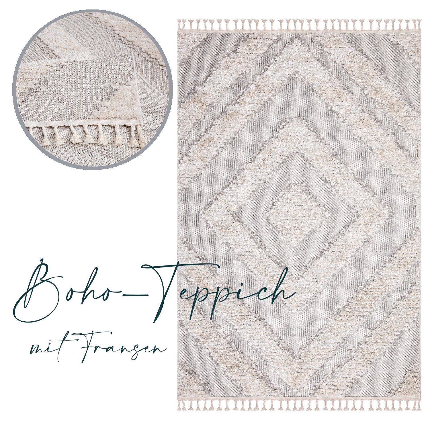 Teppich Boho Skandinavisch Style - Hochtief Effekt Cut-& Loop, payé, Rechteckig, Höhe: 20 mm, Ornament Muster - Hochtief Effekt