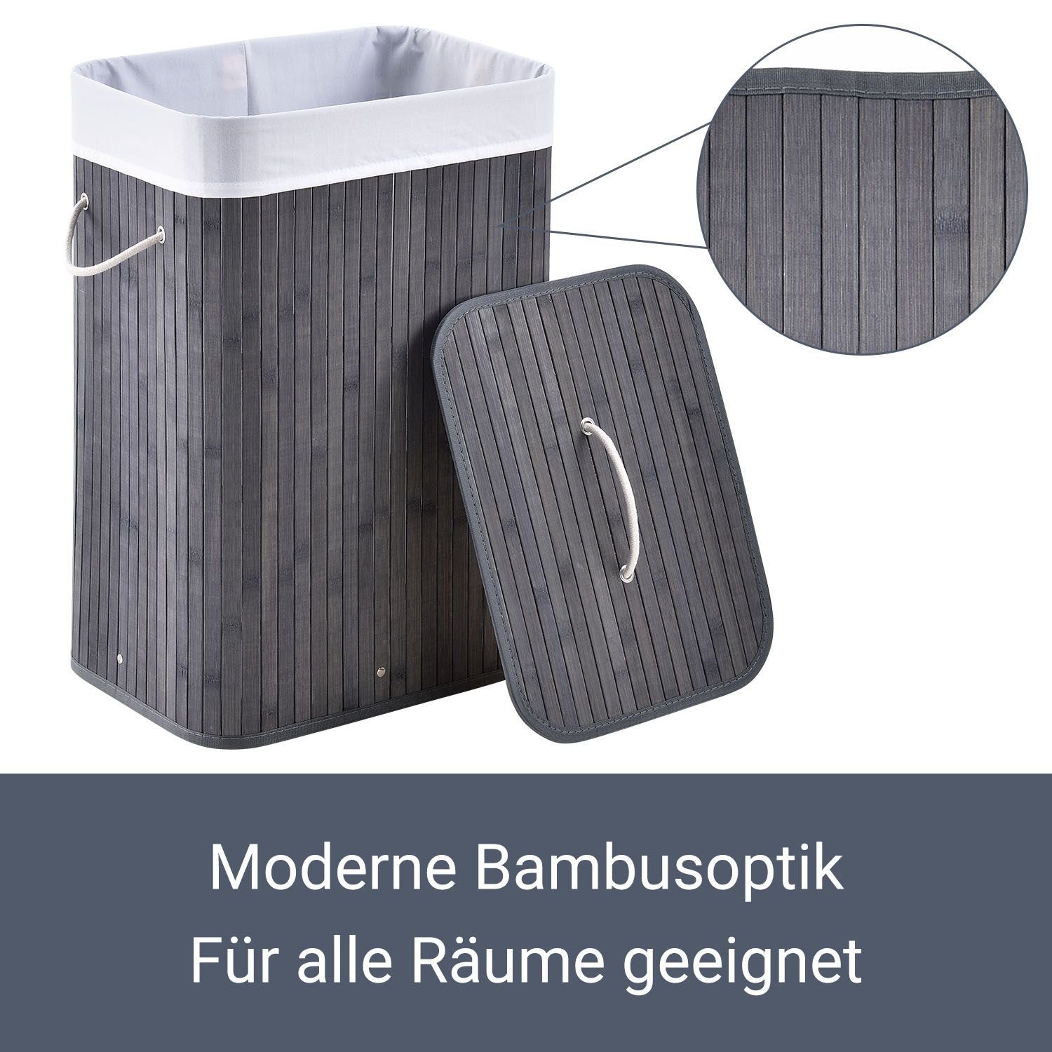 Juskys Wäschekorb Curly 72 L, 72 l, mit Tragegriffe, Deckel, Wäschesack waschbar, platzsparend