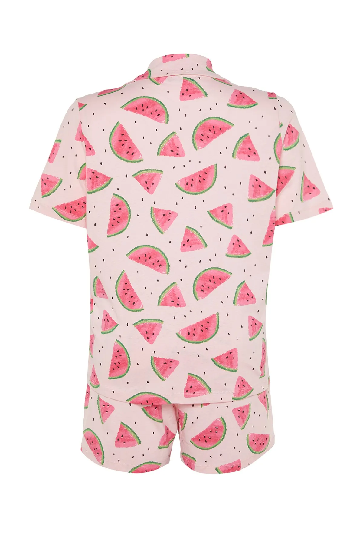Trendyol Curve  Puderfarbenes bedrucktes Pyjama-Set aus Strick mit Knöpfen TBBSS22PT0707