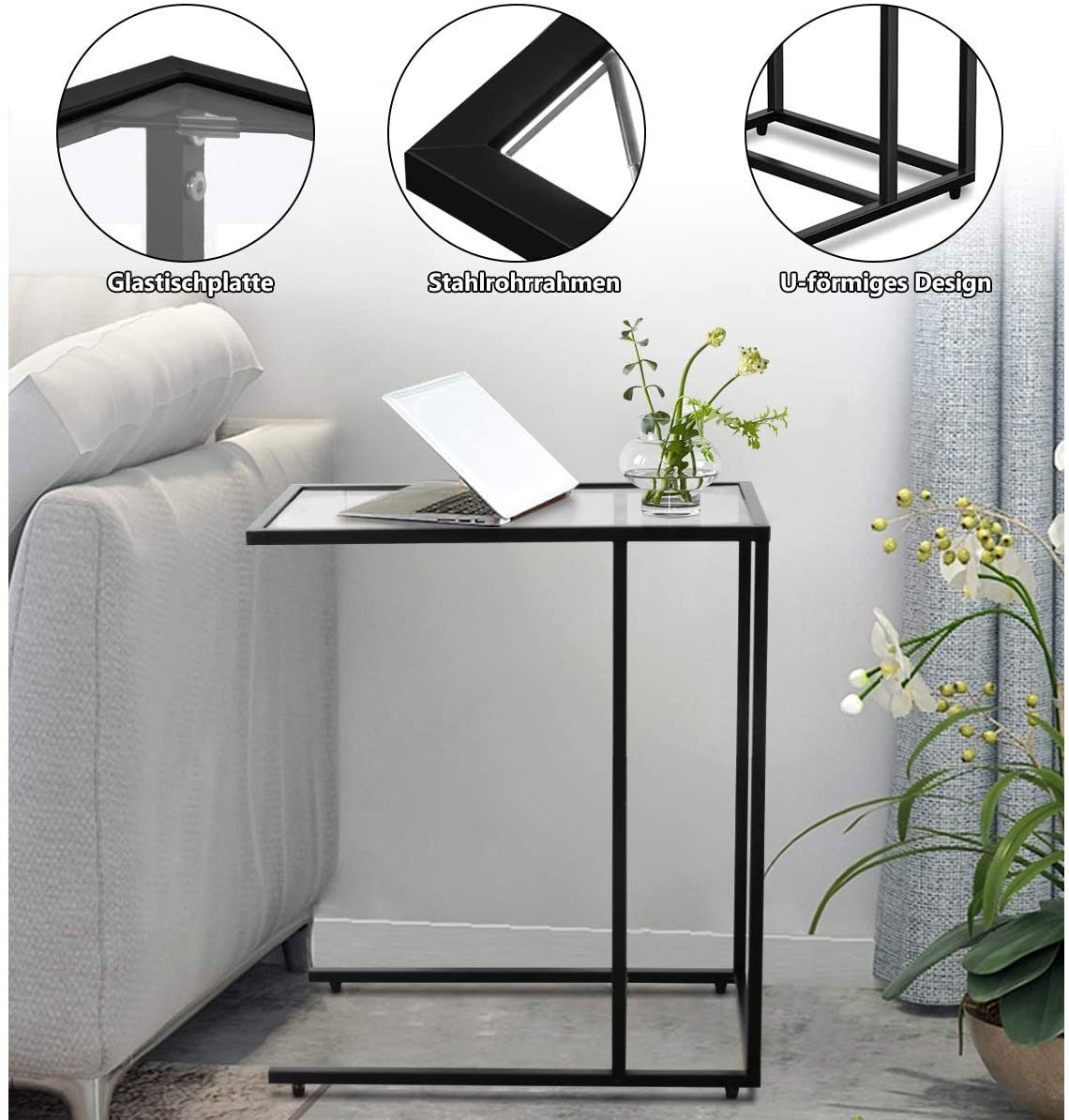COSTWAY Beistelltisch, Laptoptisch fürs Bett, aus Glas 55,5 x 35 x 65 cm