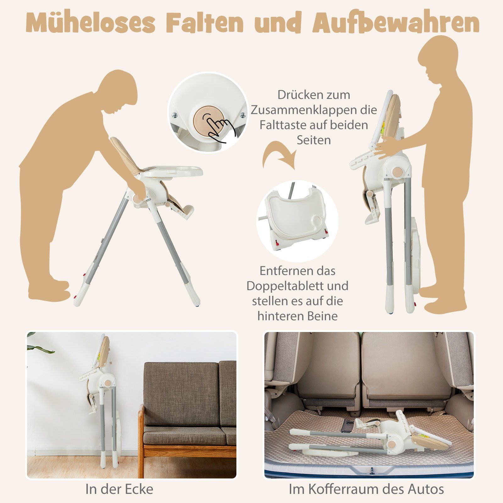 COSTWAY Hochstuhl Babystuhl, klappbar, 7 Höhen und 4-Fach verstellbar