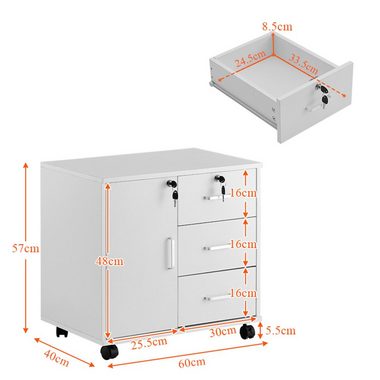 CLIPOP Aktenschrank Mobiler Aktenschrank mit 3 Schubladen 60x40x60cm abschließbar Büro-Rollschrank mit Rollen