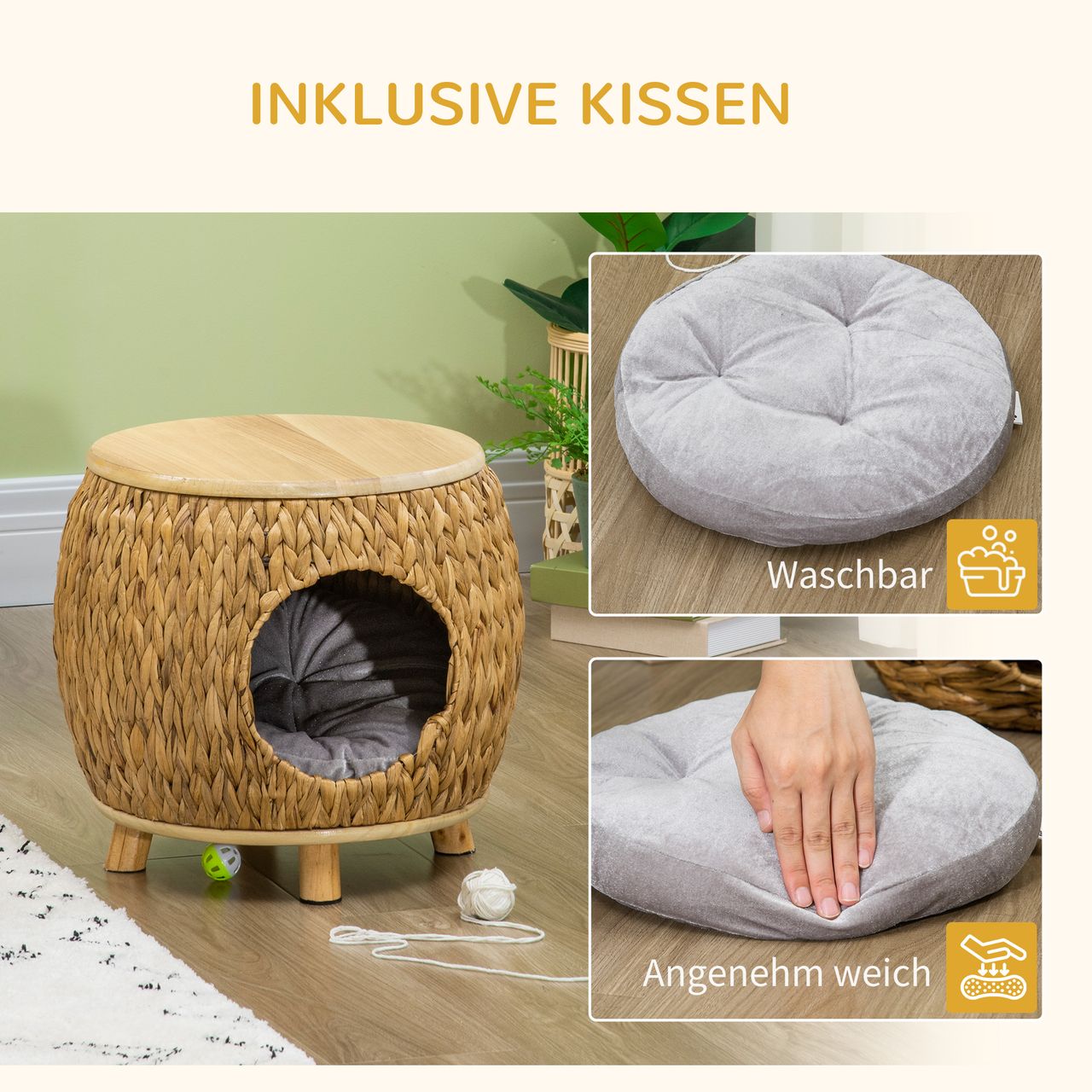 PawHut Katzenhöhle aus Rattan 2-in-1 Design Katzenkorb mit Kissen Katzenhütte