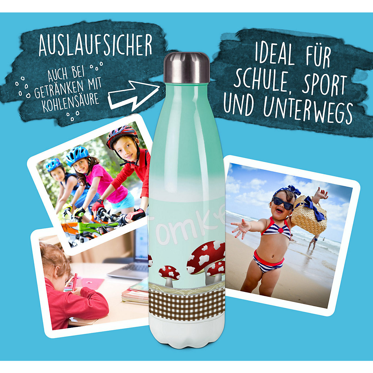Edelstahl Kinder Thermoflasche / Trinkflasche bunt Pilz Farbe hellblau Spülmaschinenfest, Auslaufsicher, Bruchfest, Doppelwandig, Für Heißgetränke geeignet, Mit Deckel, Isoliert