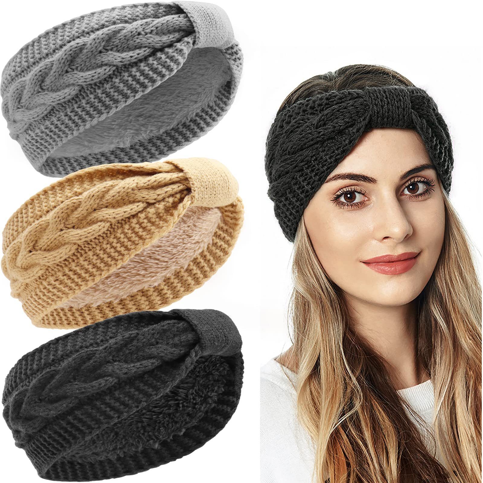 YYV Haarband Stirnband Damen Winter,Gestrickte Haarreifen für Frauen Mädchen, 3-tlg., Verdicken Stirnbänder Ohrenwärmer für Outdoor Sport,Skifahren,Laufen