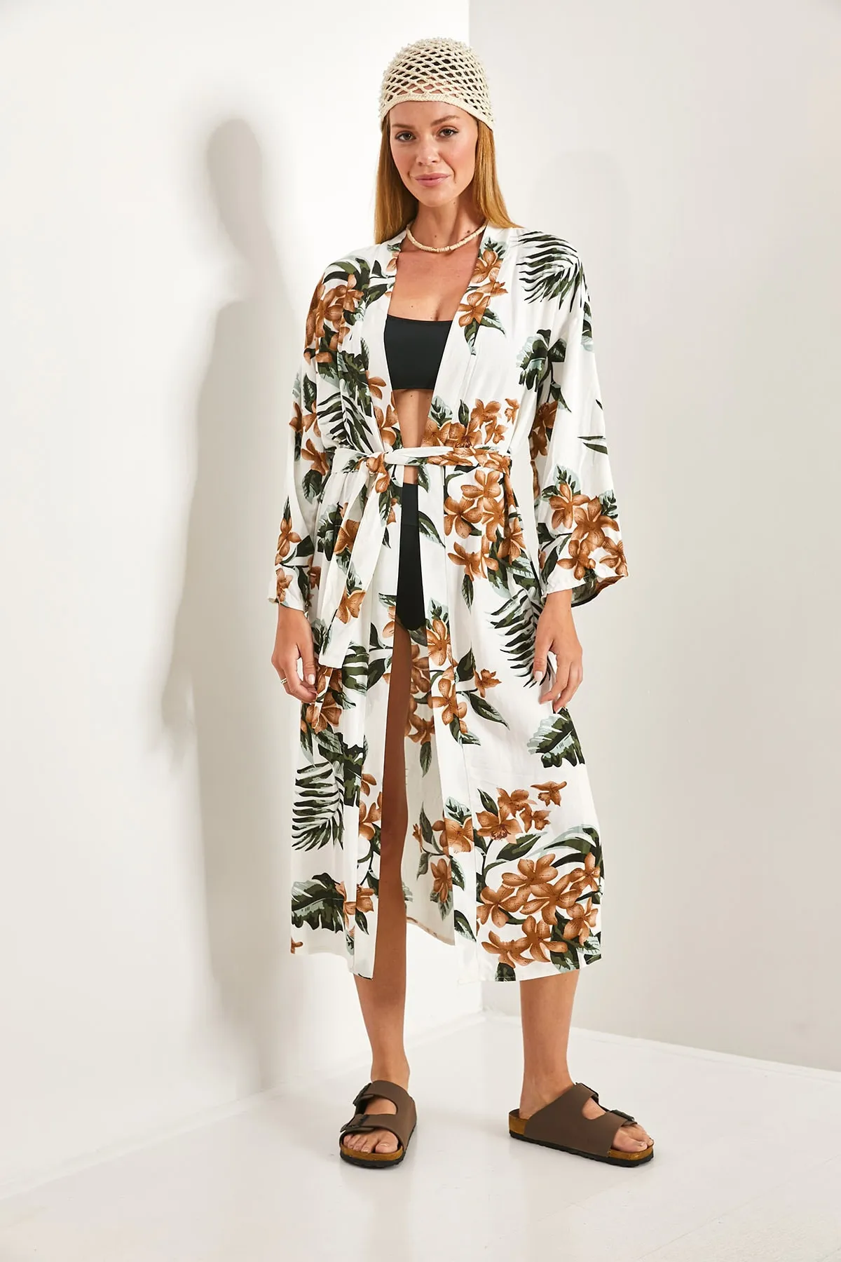 Bianco Lucci  Mehrfarbig gemusterter Damen-Kimono mit Gürtel