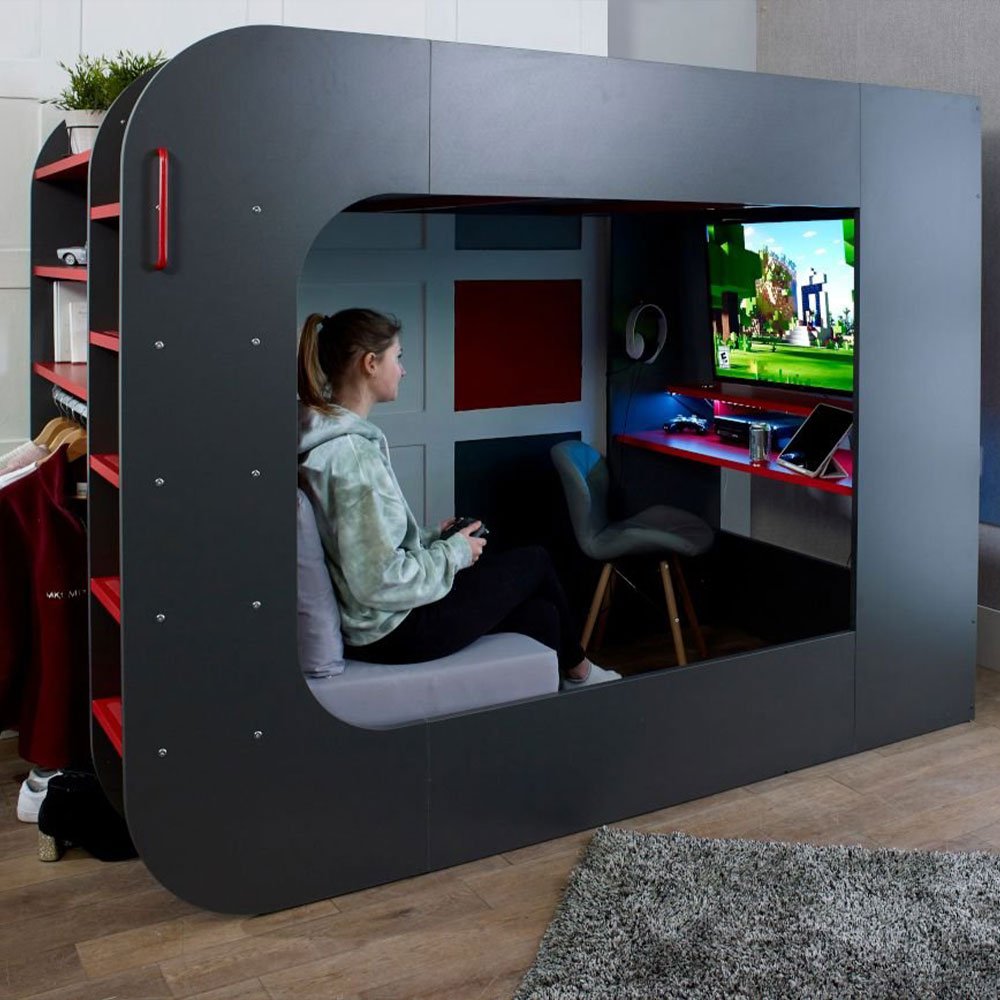 PodBed Grey and Red Gaming High Sleeper with Grey Sofa
