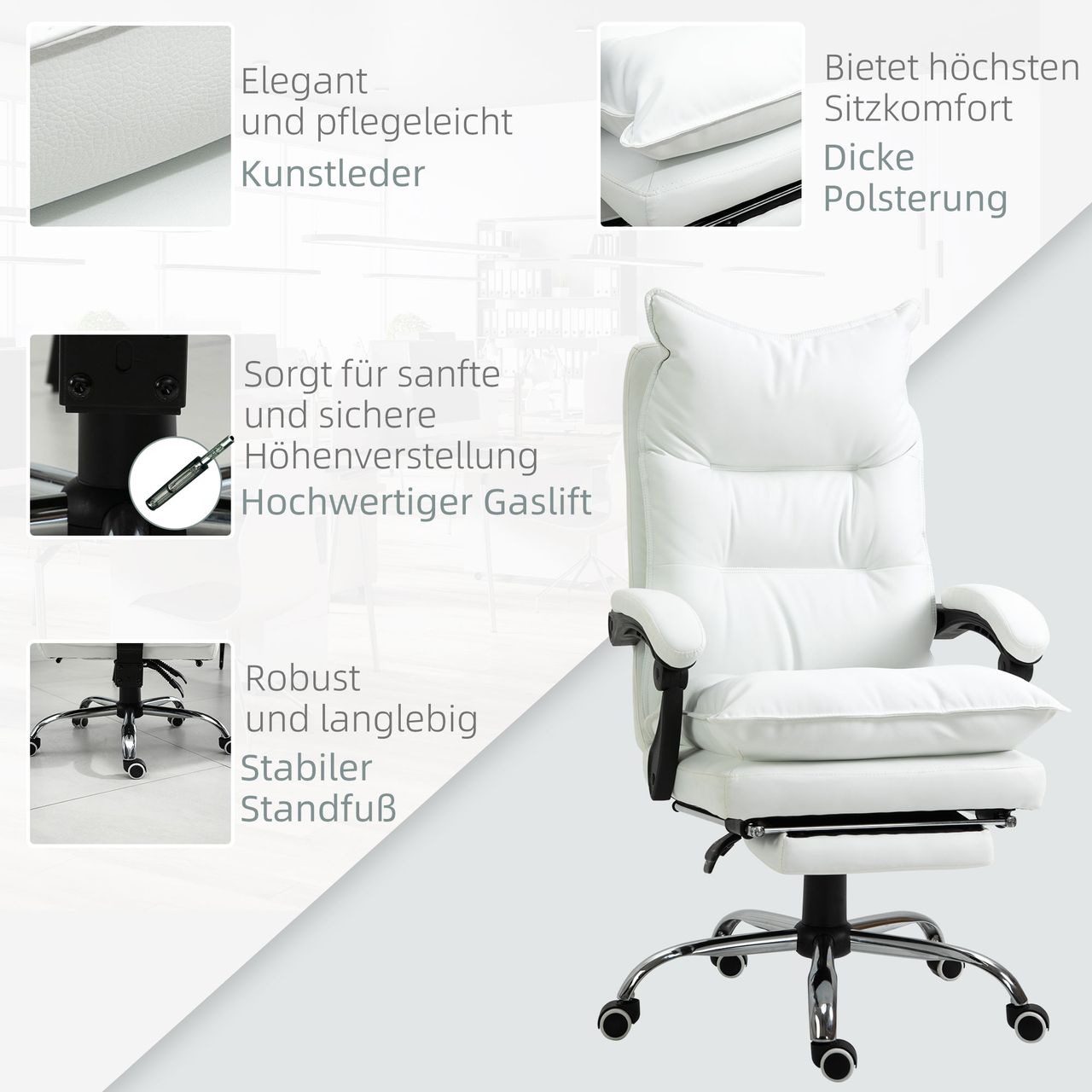 Vinsetto Bürostuhl mit Fußstütze höhenverstellbarer Schreibtischstuhl Drehstuhl Rückenlehne Kunstleder Weiß 66 x 72 x 122-130 cm