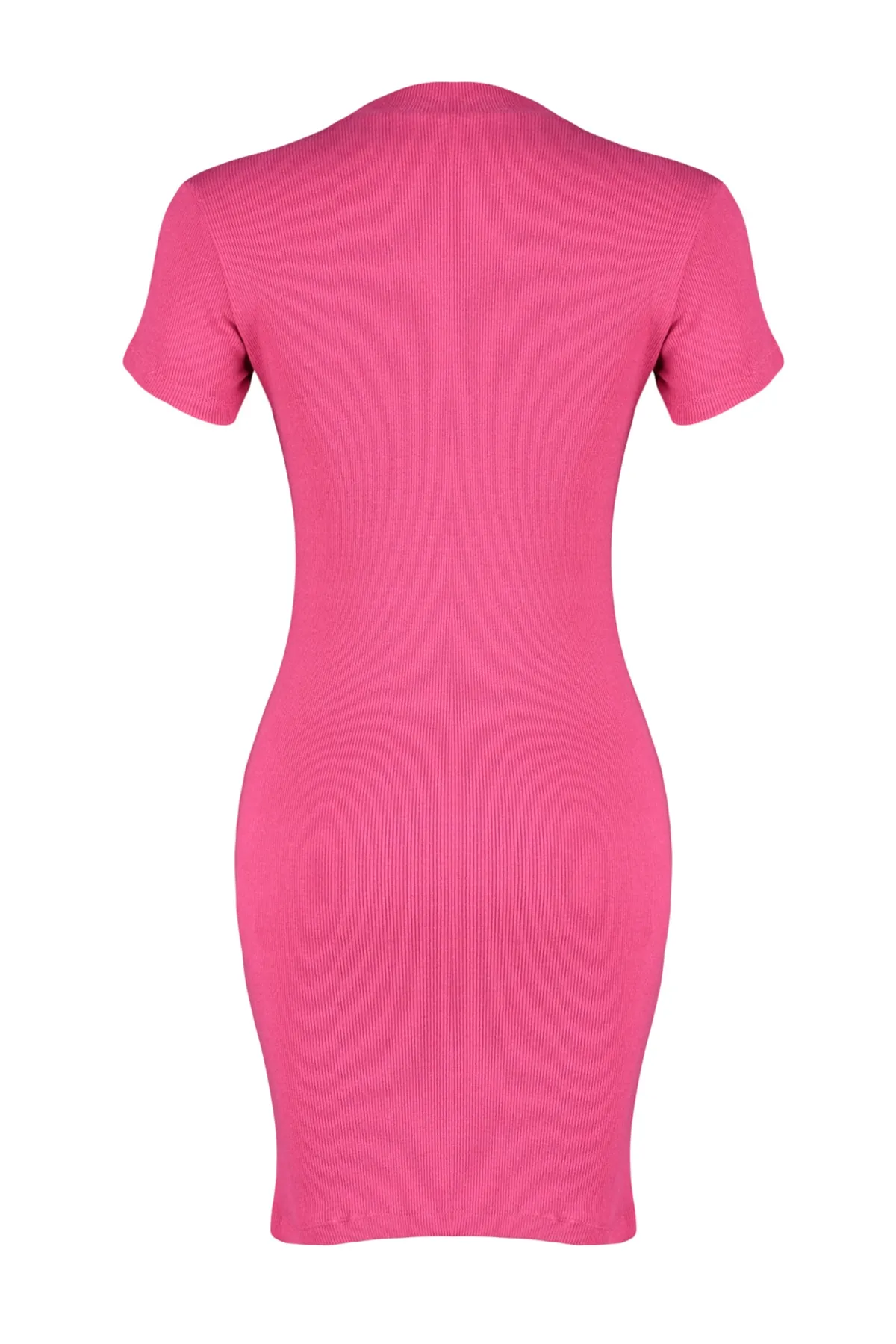 Trendyol Collection  Fuchsia Kurzärmliges, geripptes, dehnbares Mini-Bleistiftkleid aus Strick mit Rundhalsausschnitt TWOSS22EL2822