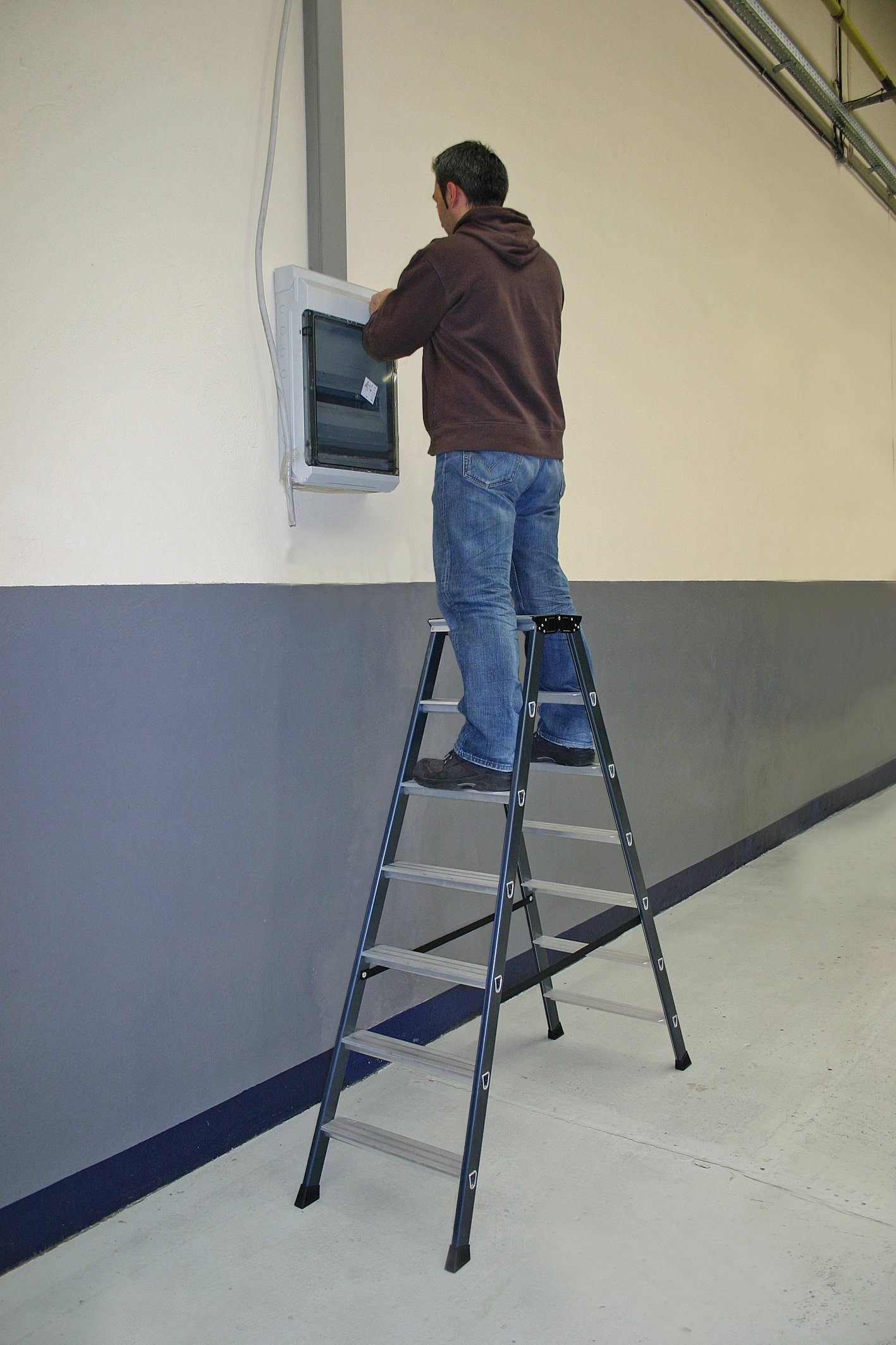 KRAUSE Doppelleiter SePro D, Alu eloxiert, 2x7 Stufen, Arbeitshöe ca. 306 cm