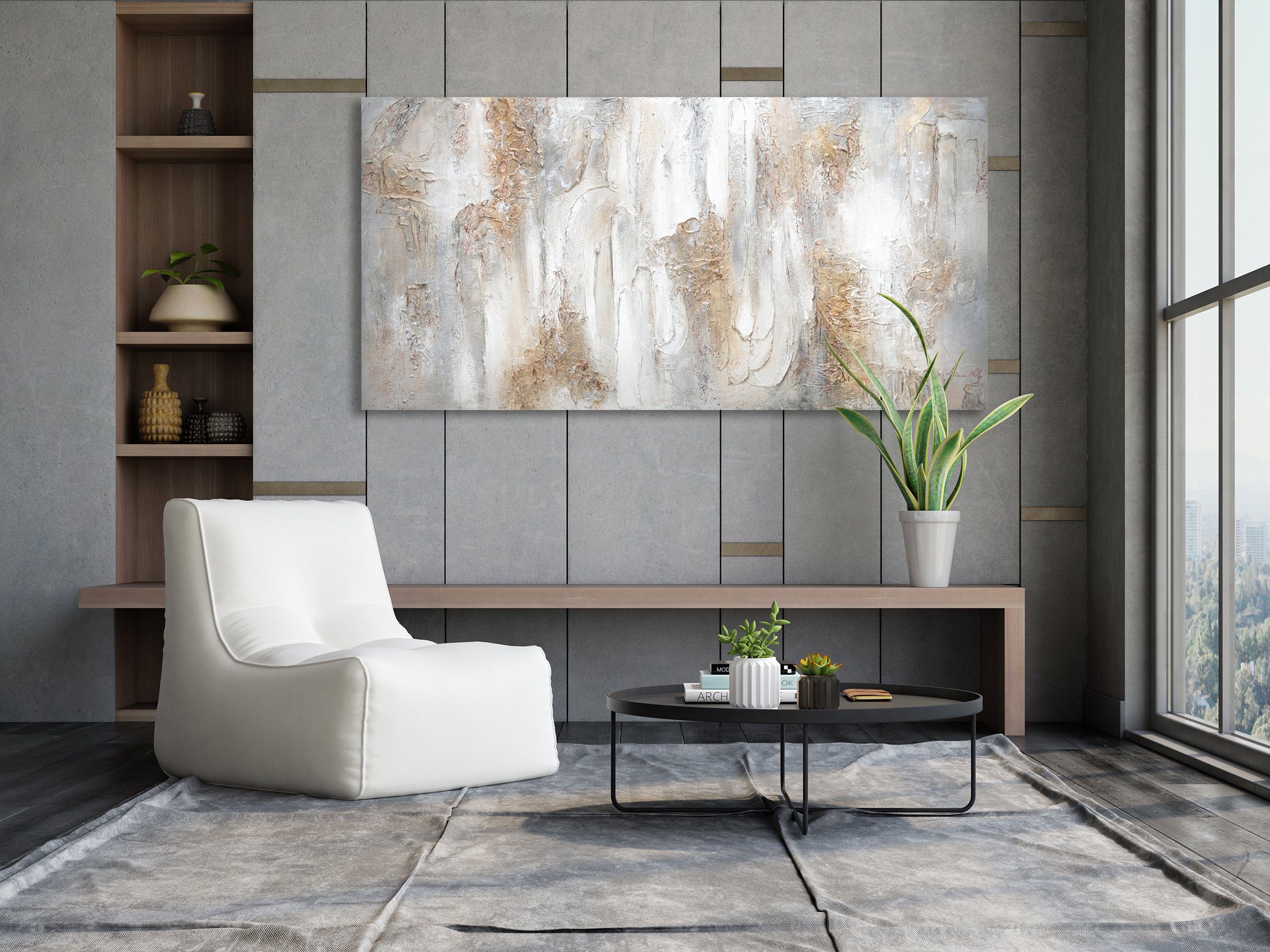 YS-Art Gemälde Philosophie, Abstrakte Bilder, Weiß Beige Gold Abstraktes Leinwand Bild Handgemalt 3D