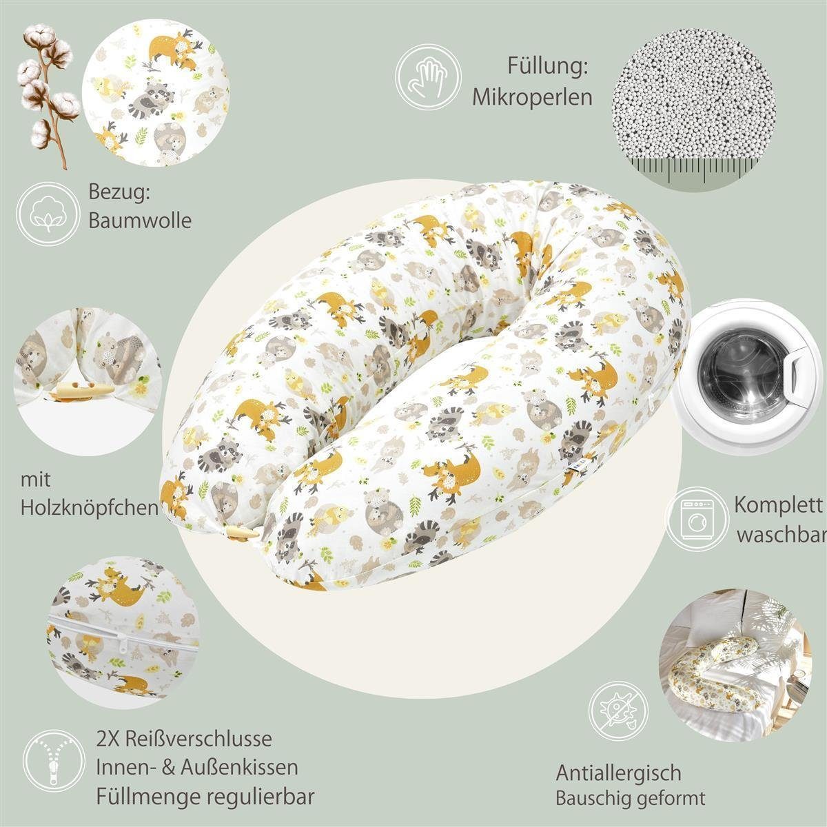 SEI Design Stillkissen Seitenschläferkissen Babynestchen mit EPS Mikroperlen, Schwangerschaftskissen mit Bezug, Bezug 100% Baumwolle