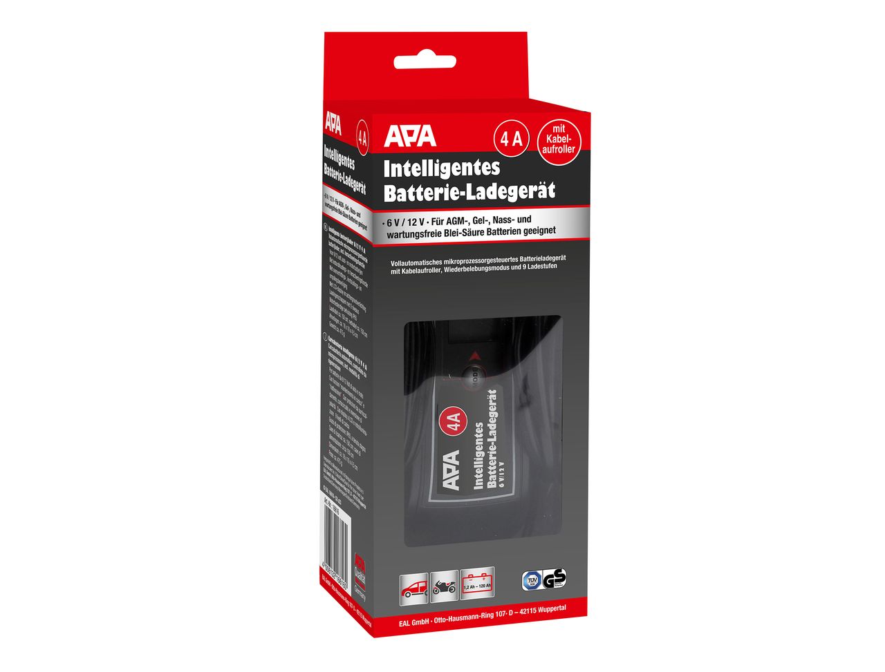 APA Int. Batterieladegerät 6/12V 4A mit Kabelaufroller