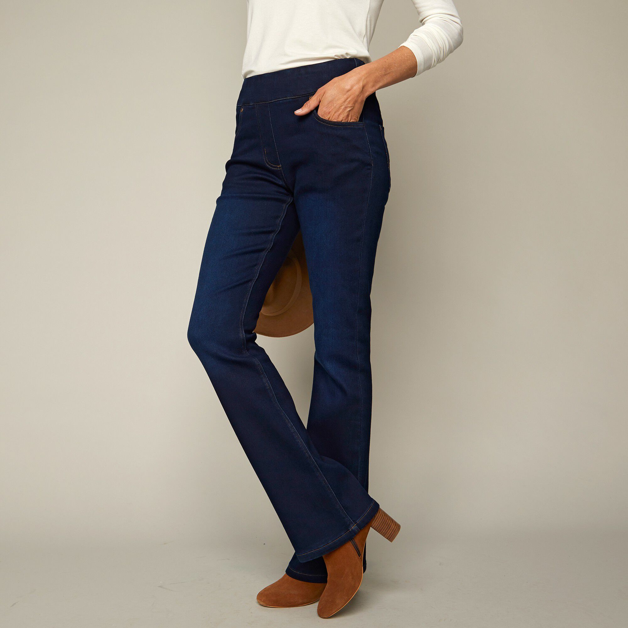 Jean bootcut ultra stretch, maille effet jean, grande stature