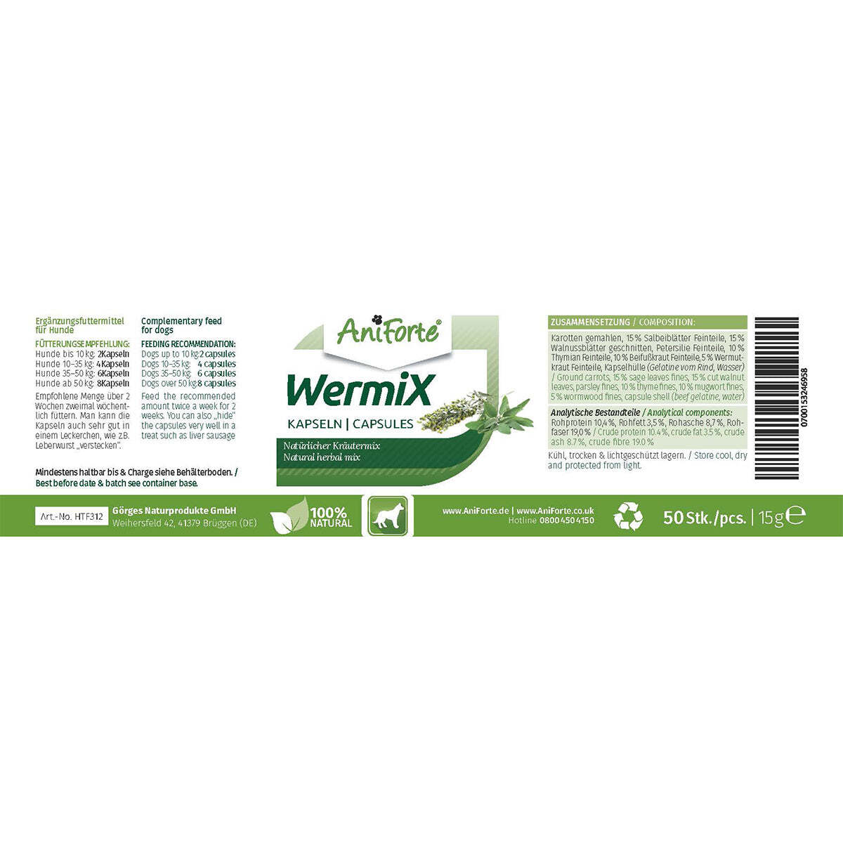 Aniforte Ergänzungsfutter & Aufzucht Aniforte WermiX Kapseln für Hunde (50 Stk.)