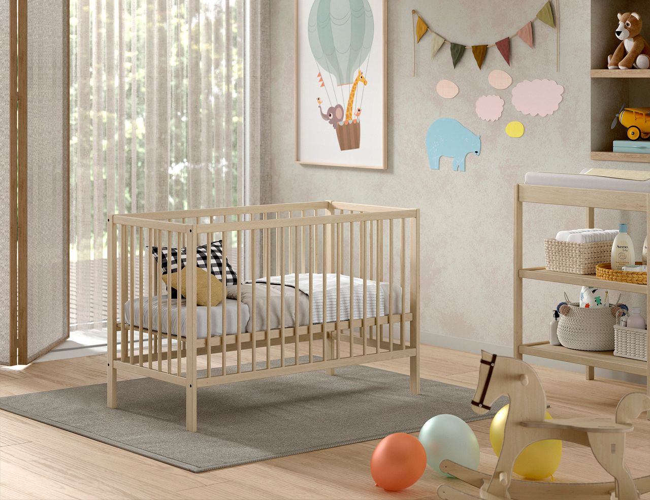 VIPACK Vipack - DINO Gitter-Babybett 60 x 120 cm, höhenverst. Lattenrost, Buche massiv natur lackiert