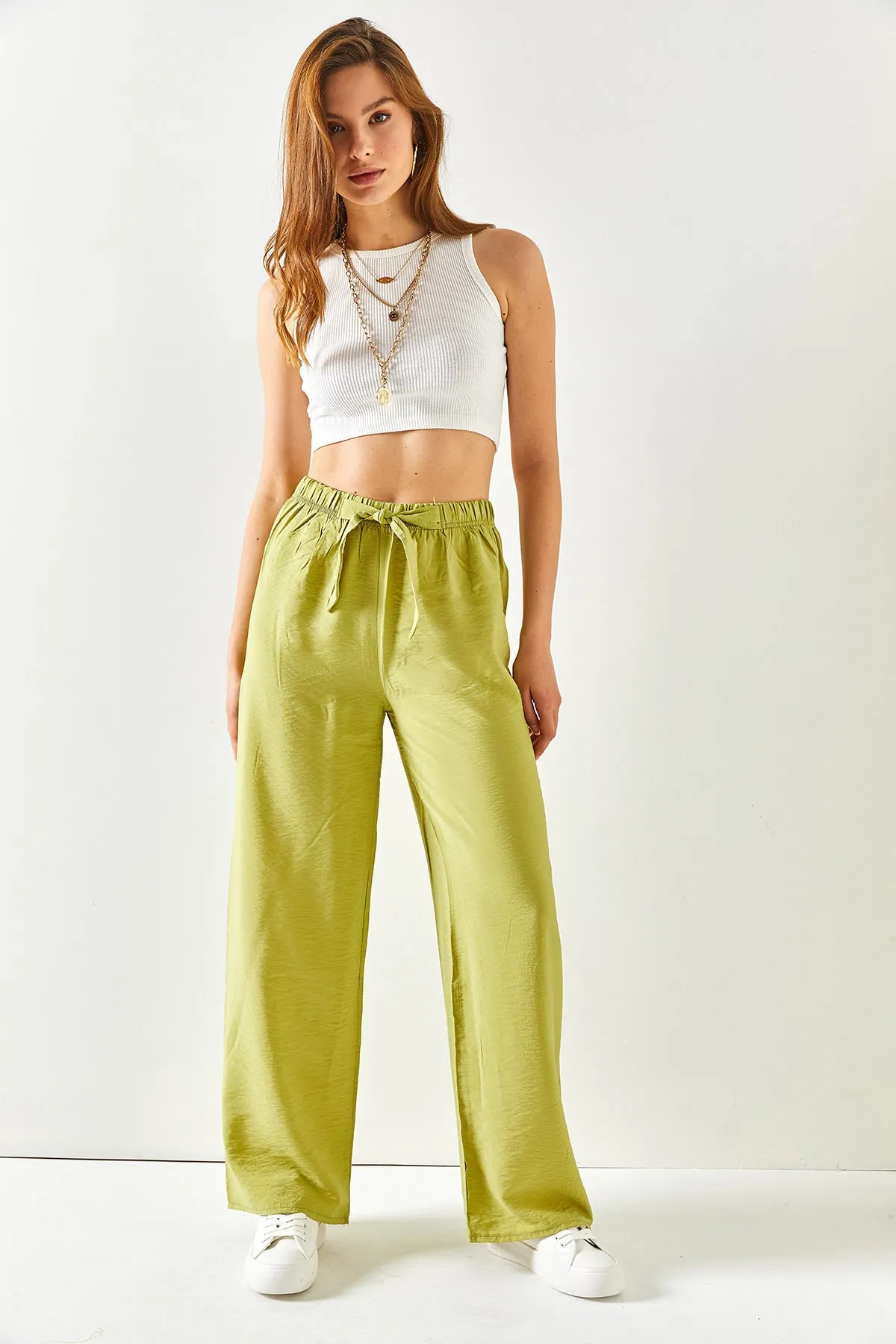 Olalook  Pistaziengrüne Palazzo-Ayrobin-Hose mit Gürtel und elastischem Bund für Damen PNT-19000200