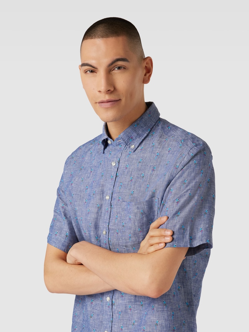 Regular Fit Freizeithemd aus Leinen mit Allover-Muster in rauchblau