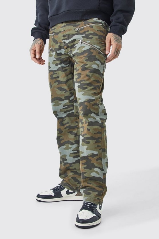 Tall Fixed Waist Straight Leg Twill Camo Zip Gusset Trouser