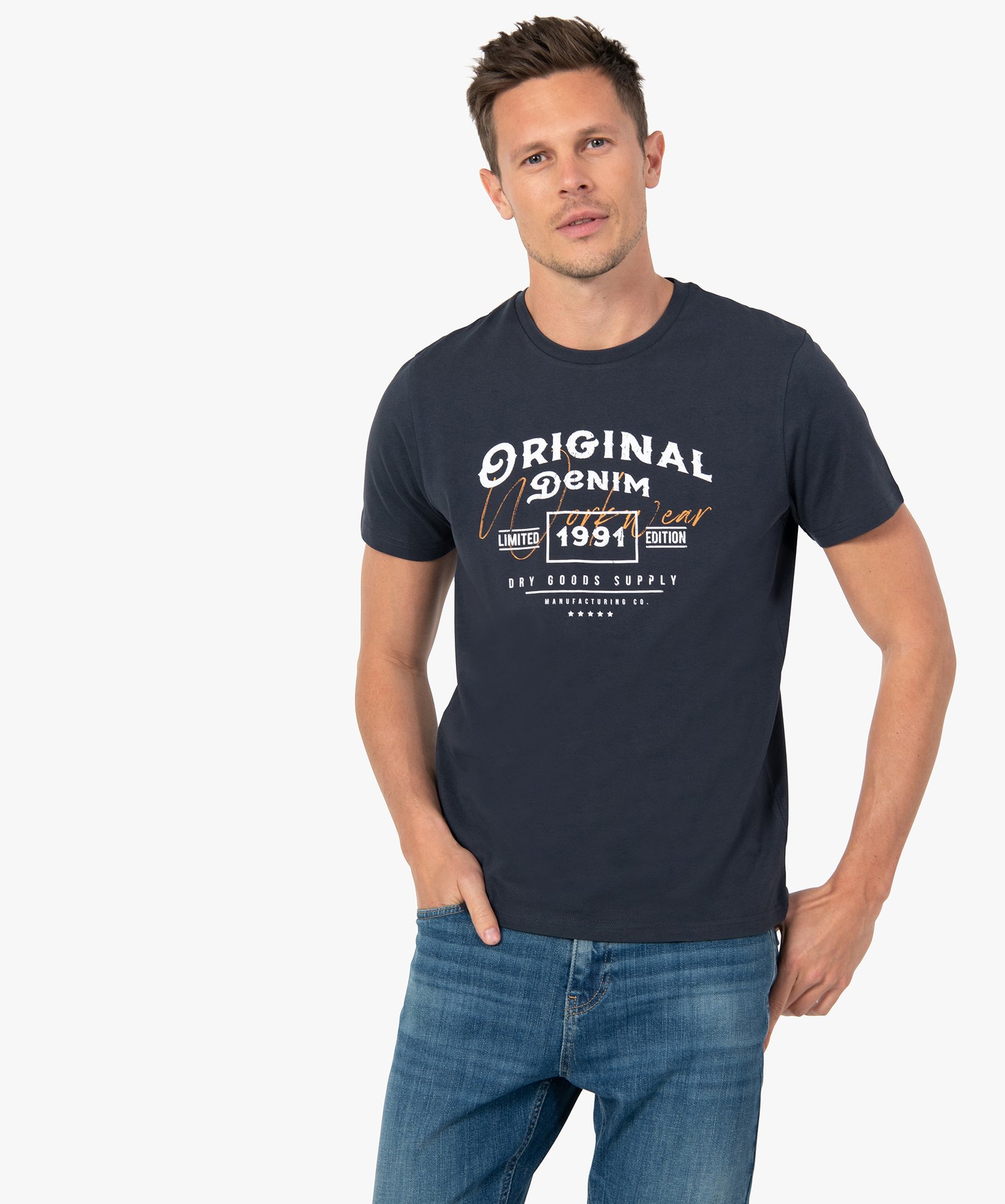 Tee-shirt homme à manches courtes avec imprimé rétro bleu | GEMO