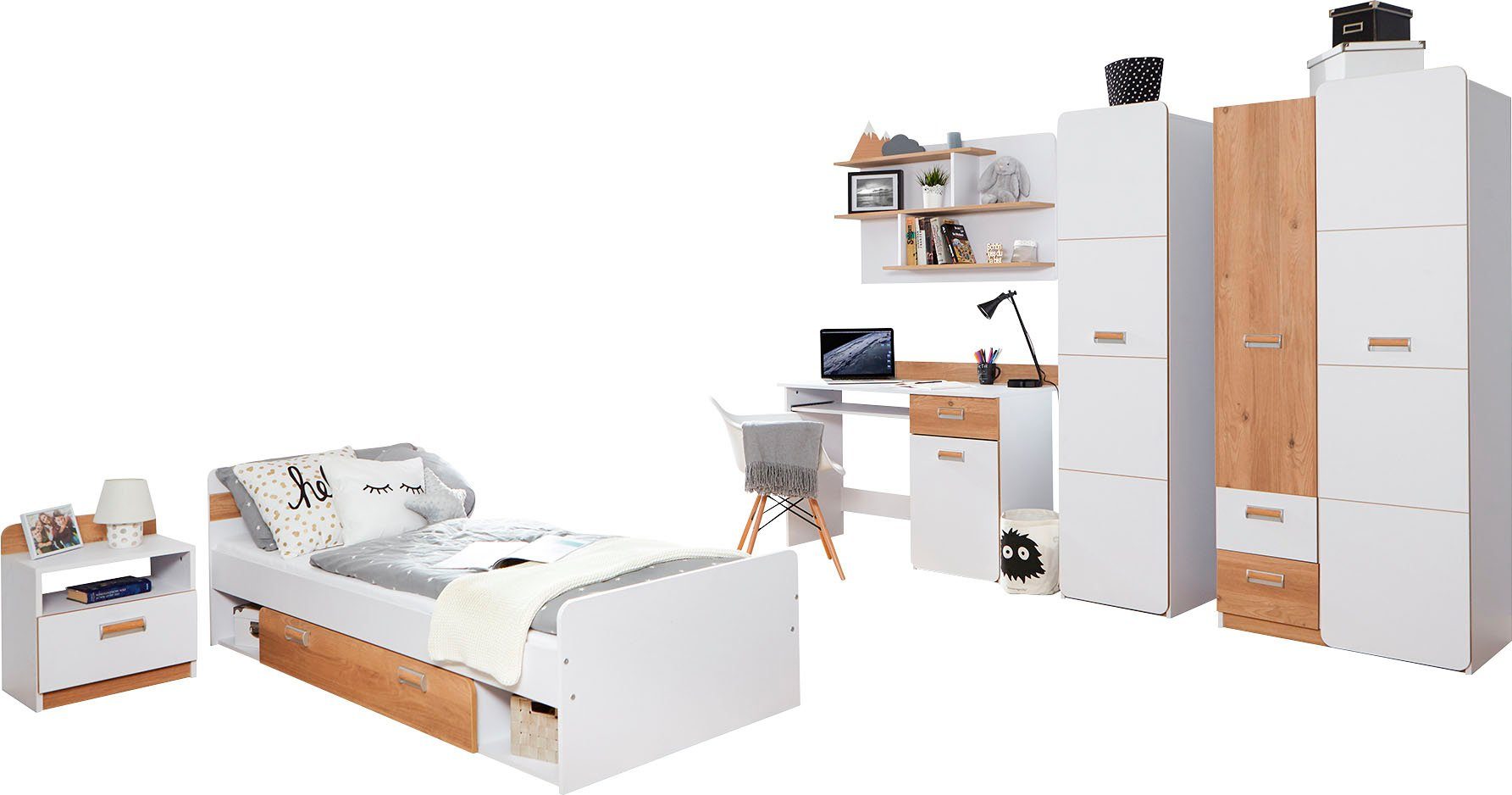 Ticaa Jugendzimmer-Set Lori, (Set, 6-St., Bett, Schrank, Schreibtisch, Standregal, Wandregal, Nachttisch), Bett + Schrank + Schreibtisch + Standregal + Wandregal + Nachttisch