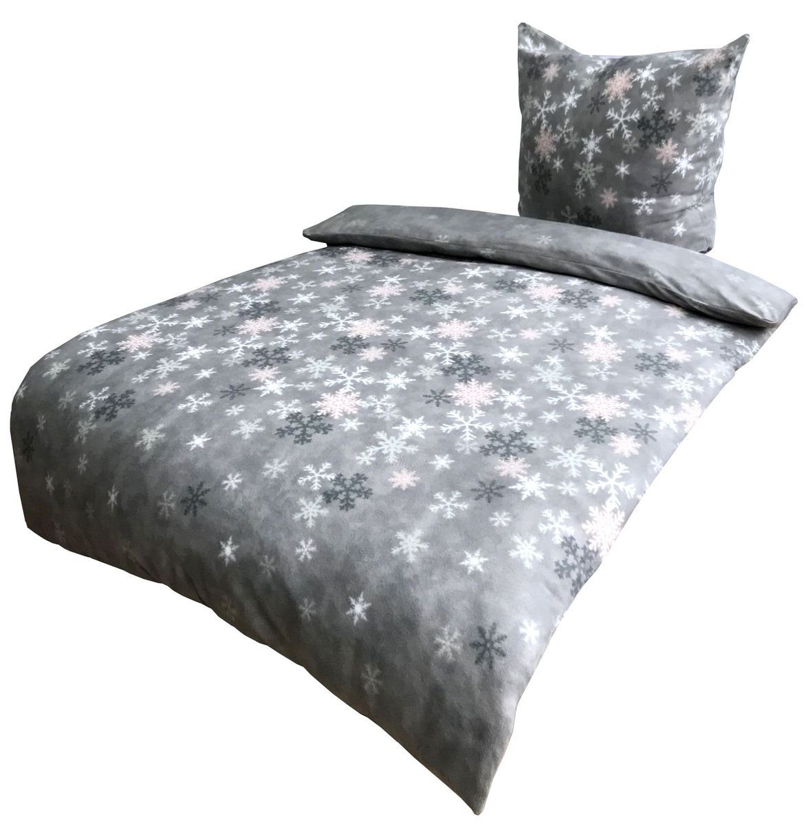 Bettwäsche 4 tlg Winter Thermofleece Bettwäsche Microfaser 135x200 cm Thermo Fleece kuschelig Flausch warm Schneeflocken KRISTAL GRAU, Leonado Vicenti, Fleece, 4 teilig, flauschig