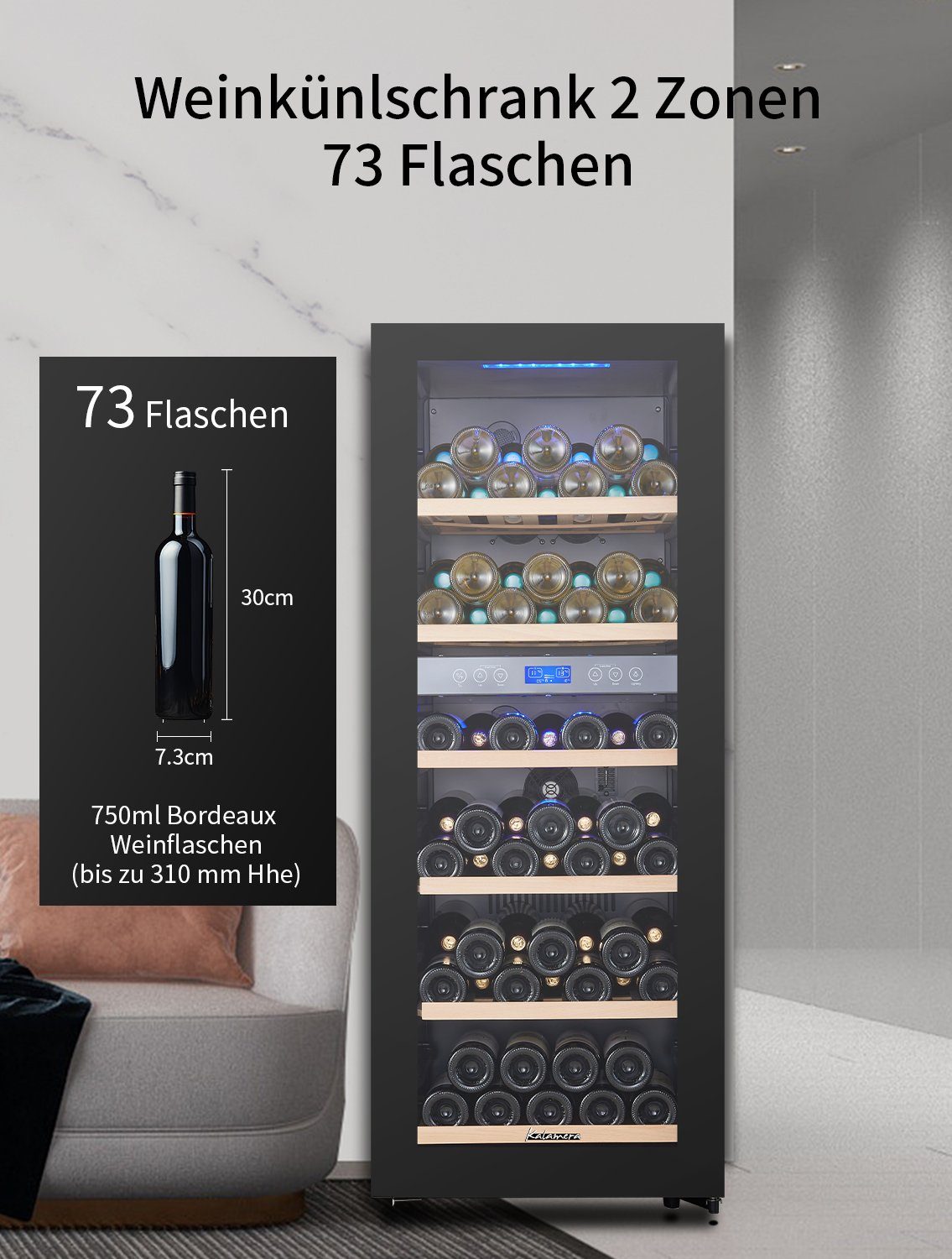 kalamera Weinkühlschrank KRC-200BFG, für 73 Standardflaschen á 0,75l,2 Zonen