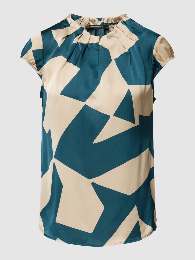 Blusenshirt mit Allover-Muster und Schlüsselloch-Ausschnitt in petrol