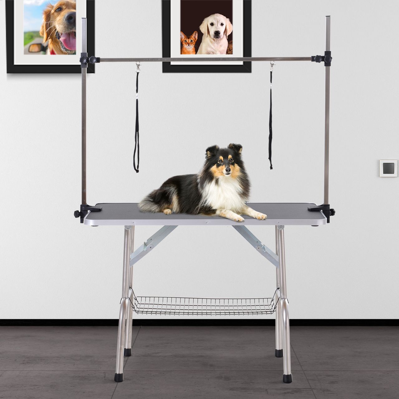 PawHut Trimmtisch Tierpflegetisch Schertisch Pflegetisch mit Unterkorb für Hunde höhenverstellbar klappbar Edelstahl Metall Schwarz 107 x 60 x 170 cm